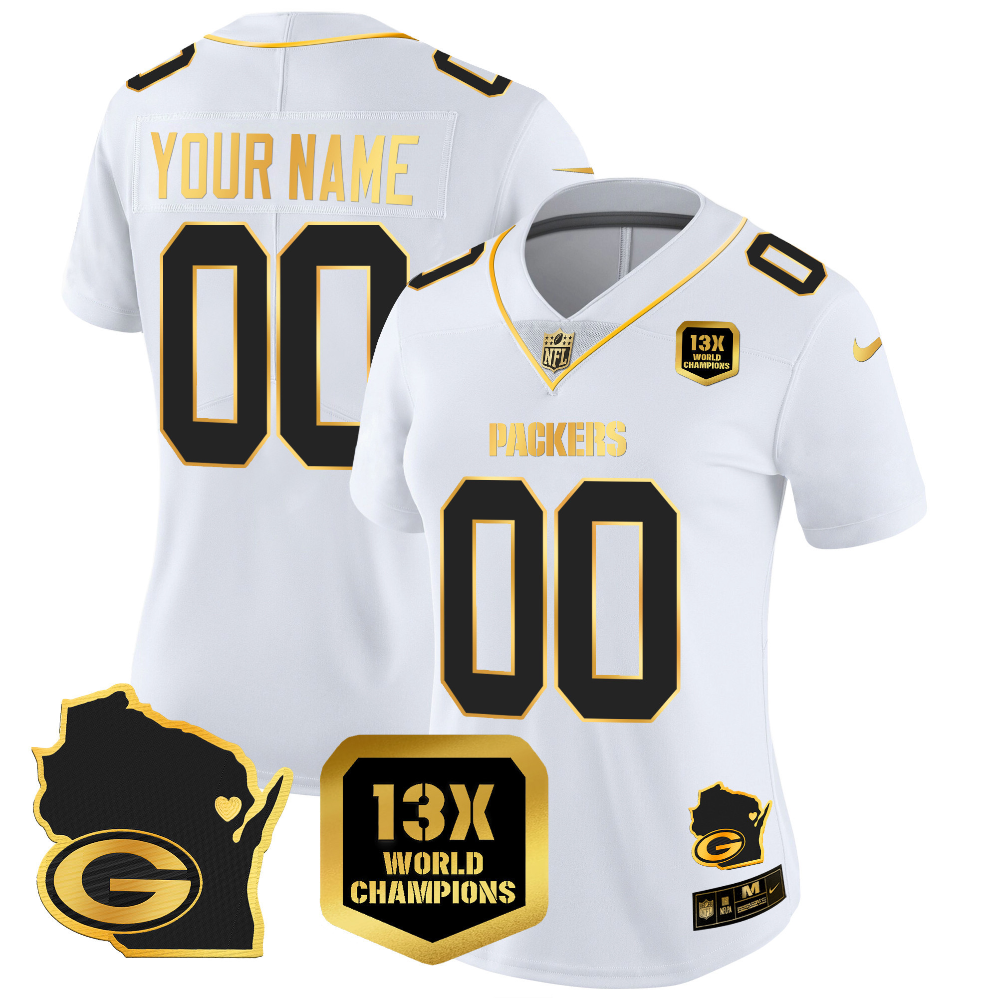 Packers 13 Time World Champions & Home Patch Gold Vapor Jersey V2 – All Stitched - Image 8