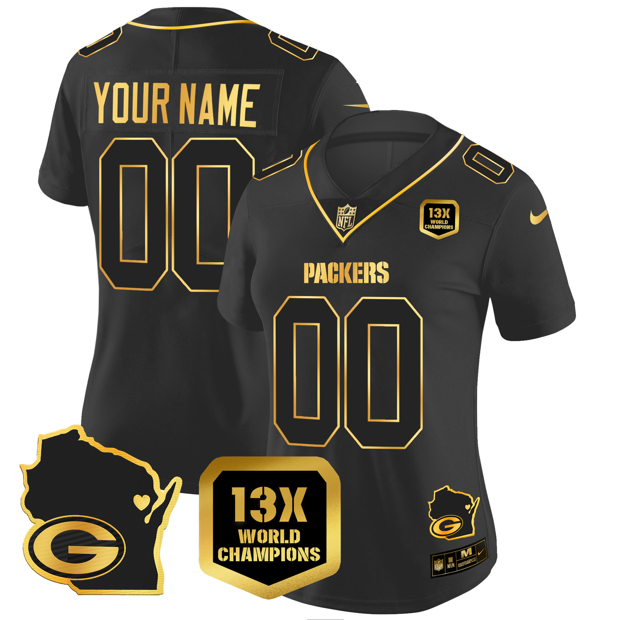 Packers 13 Time World Champions & Home Patch Gold Vapor Jersey V2 – All Stitched - Image 7