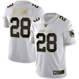 Men's De'Von Achane #28 Dolphins White Gold Jersey - All Stitched