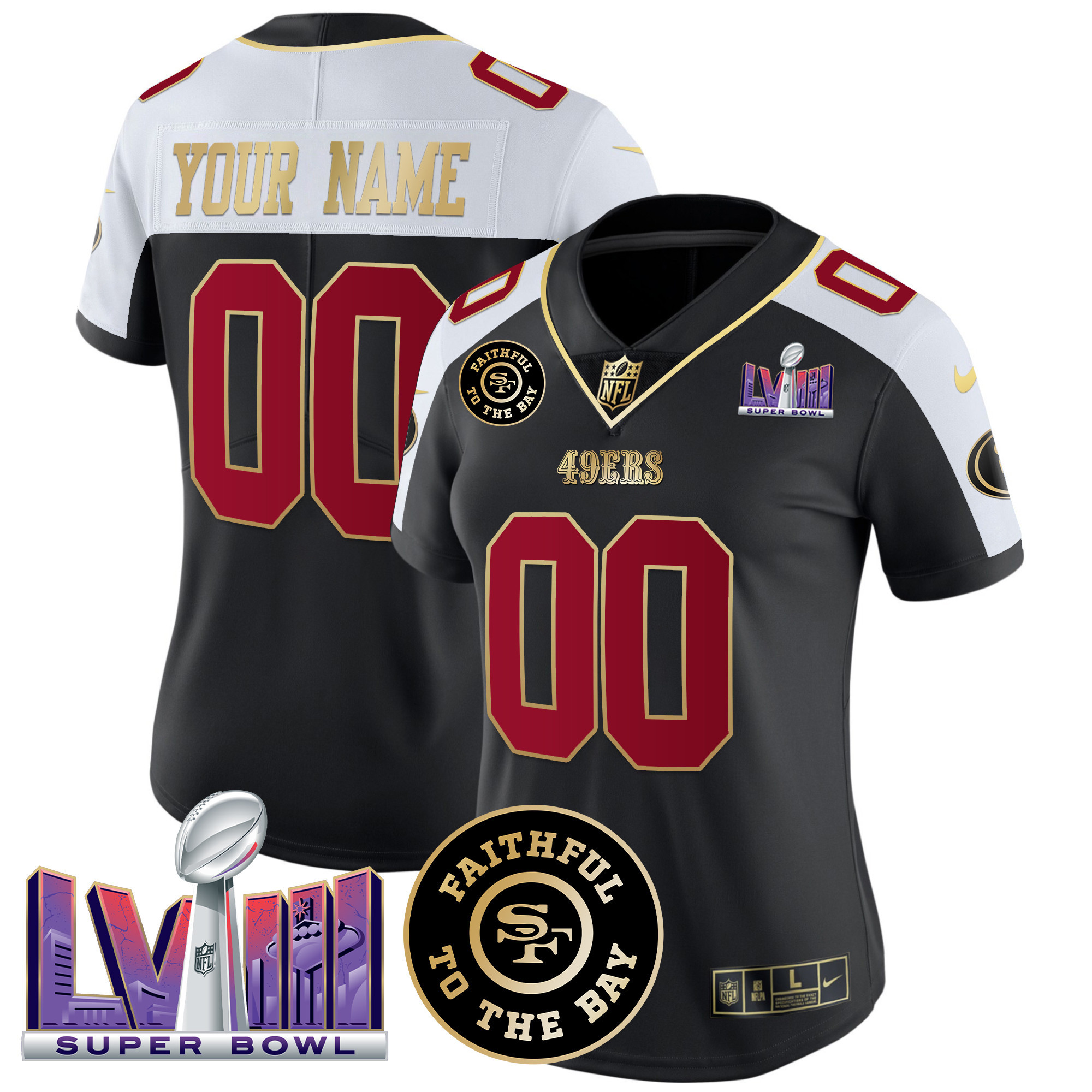 49ers Faithful & Super Bowl LVIII Patch Vapor Custom Jersey - All Stitched - Image 6