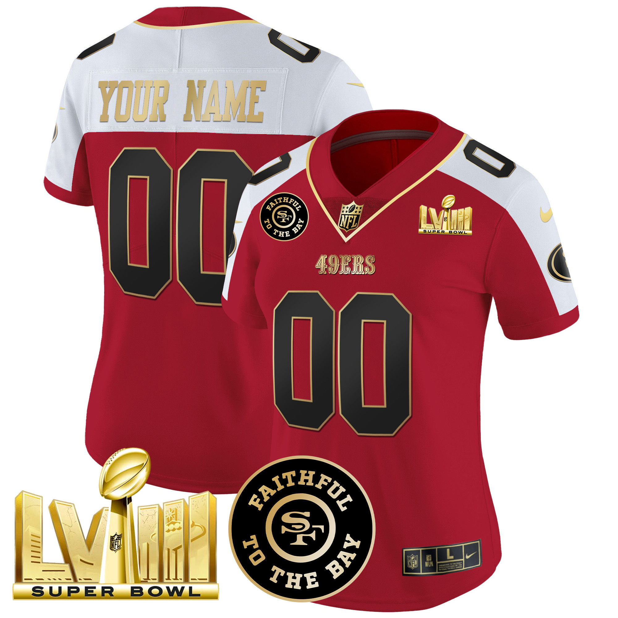 49ers Faithful & Super Bowl LVIII Gold Patch Vapor Custom Jersey - All Stitched - Image 10