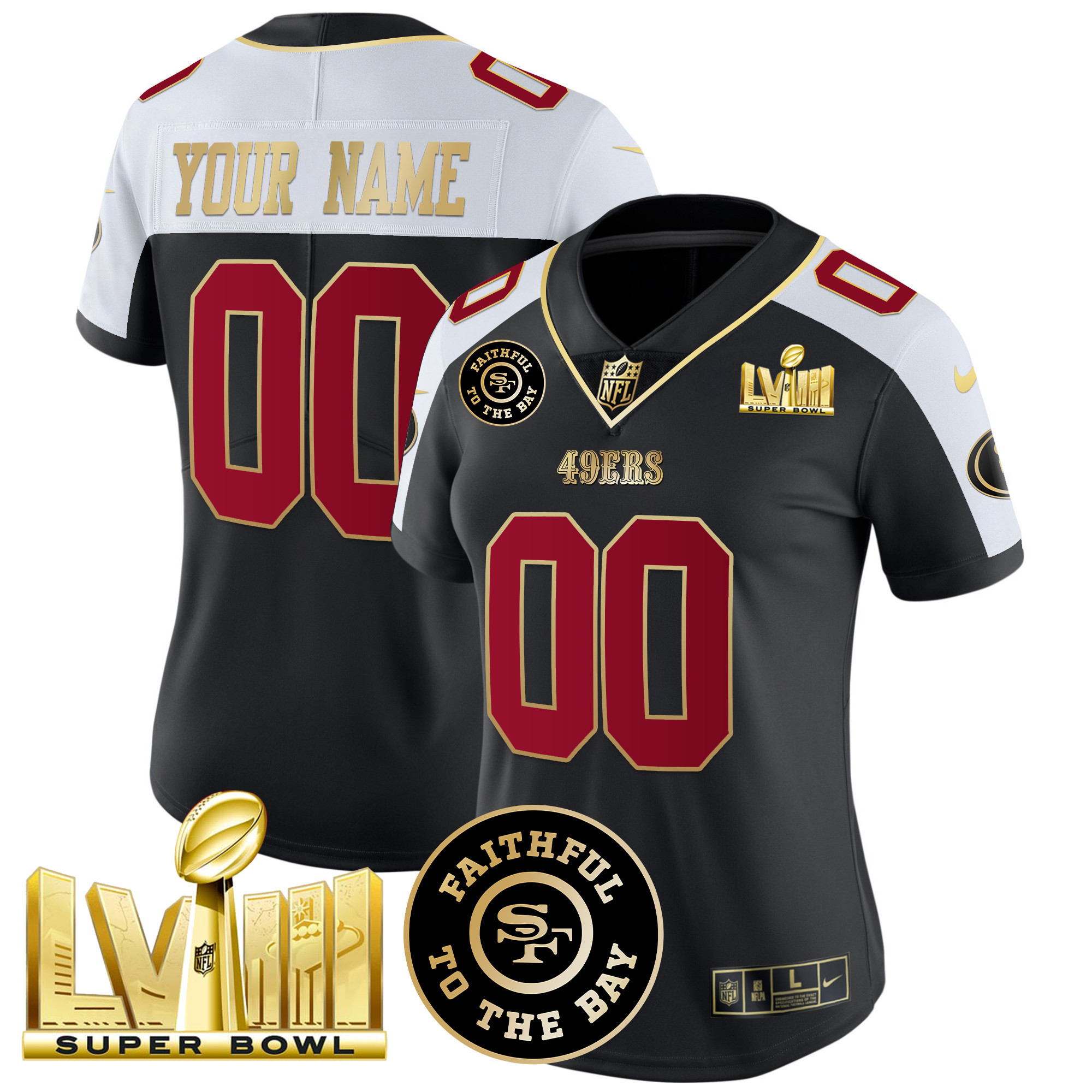 49ers Faithful & Super Bowl LVIII Gold Patch Vapor Custom Jersey - All Stitched - Image 6
