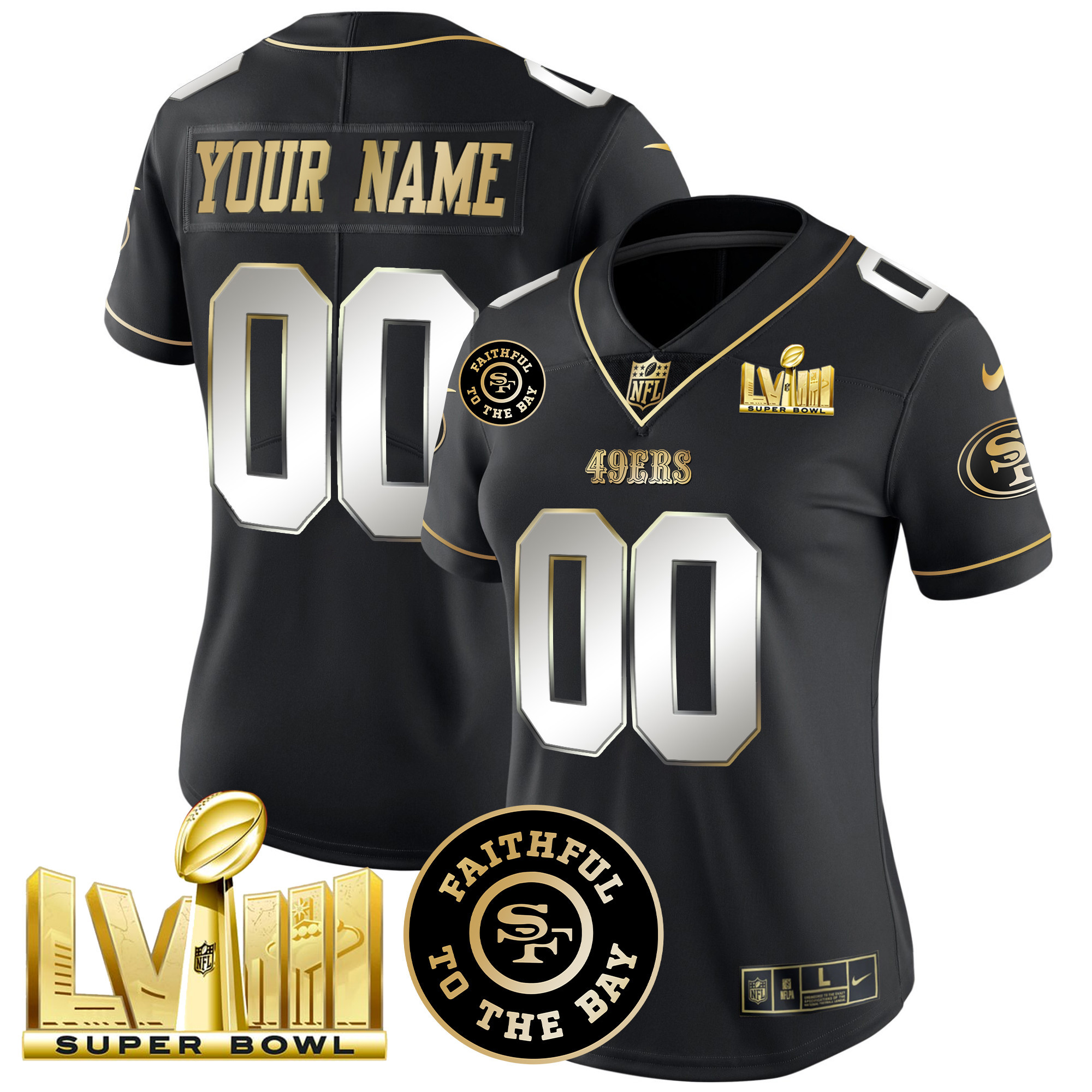 49ers Faithful & Super Bowl LVIII Gold Patch Vapor Custom Jersey - All Stitched - Image 9