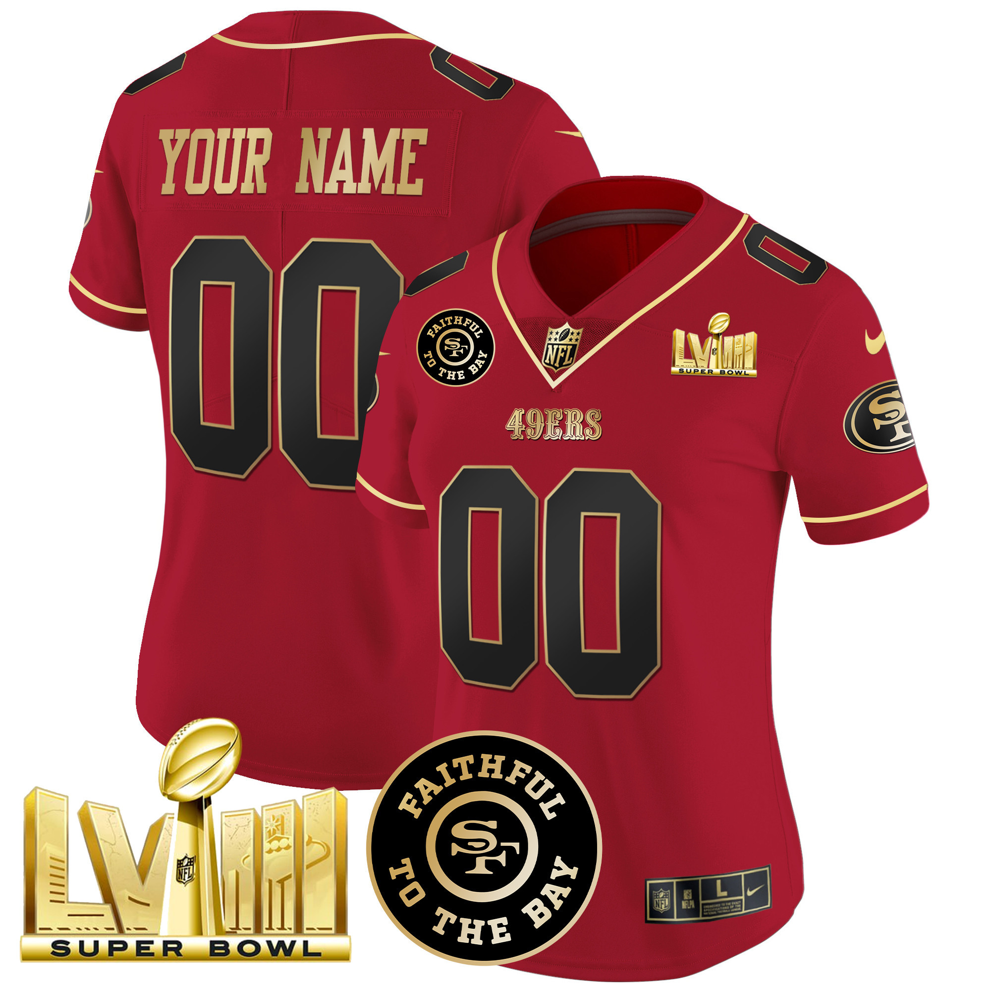 49ers Faithful & Super Bowl LVIII Gold Patch Vapor Custom Jersey - All Stitched - Image 8