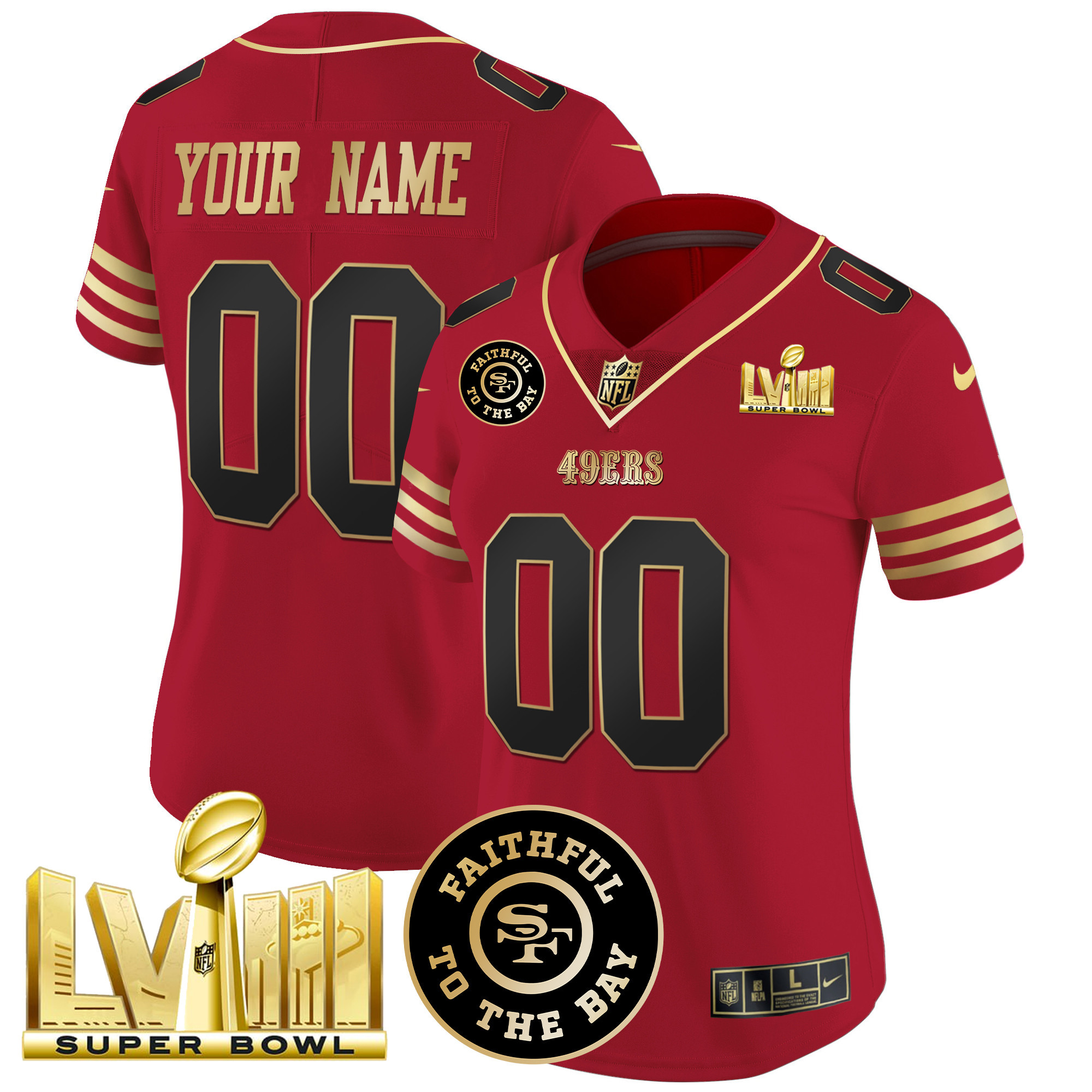 49ers Faithful & Super Bowl LVIII Gold Patch Vapor Custom Jersey - All Stitched - Image 7