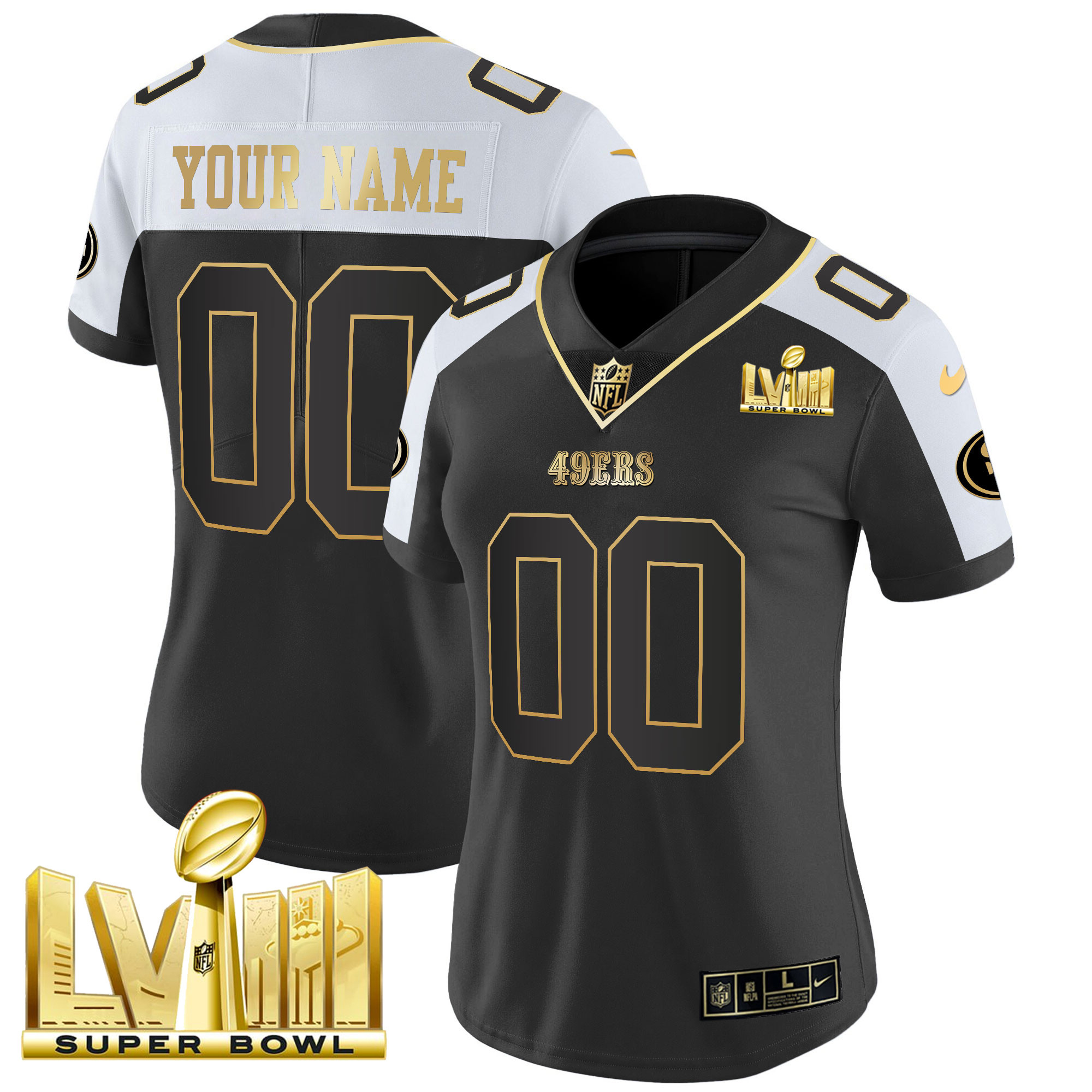 49ers Super Bowl LVIII Gold Patch Vapor Custom Jersey V2 - All Stitched - Image 6