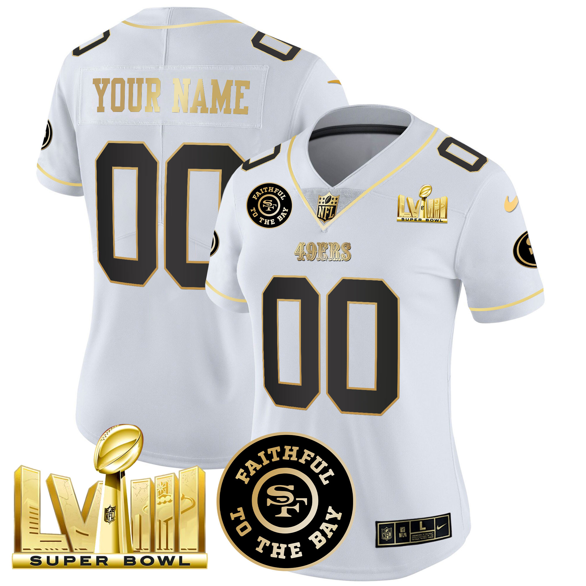 49ers Faithful & Super Bowl LVIII Gold Patch Vapor Custom Jersey V2 - All Stitched - Image 8