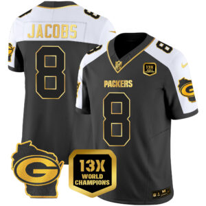 Josh Jacobs Packers 13 Time World Champions & Home Patch Gold Vapor Jersey – All Stitched