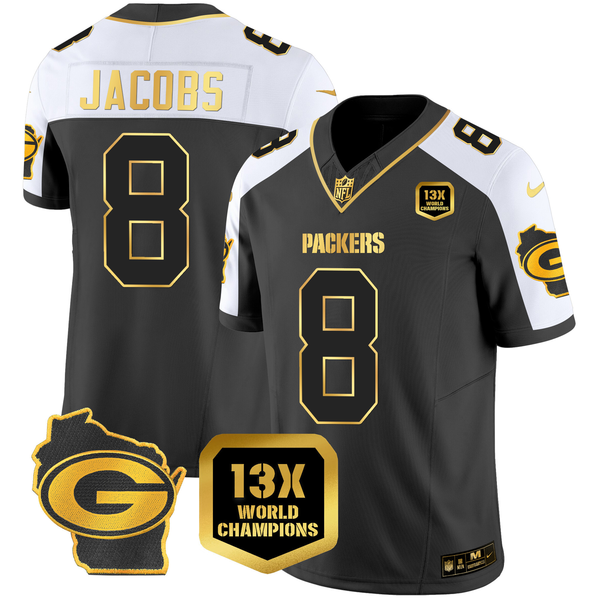 Josh Jacobs Packers 13 Time World Champions & Home Patch Gold Vapor Jersey – All Stitched