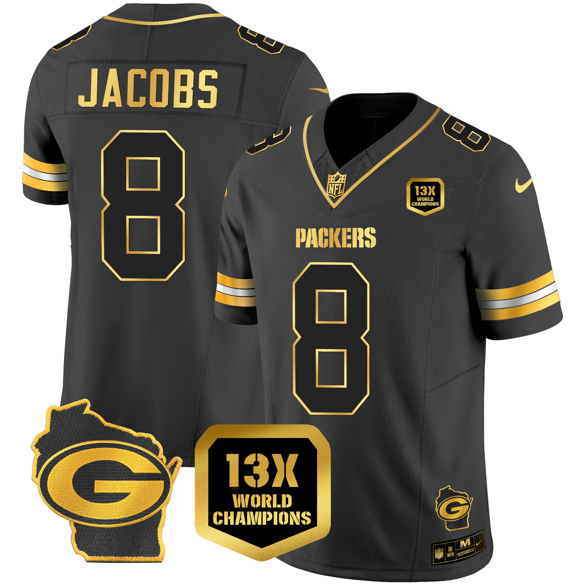 Josh Jacobs Packers 13 Time World Champions & Home Patch Gold Vapor Jersey – All Stitched - Image 3