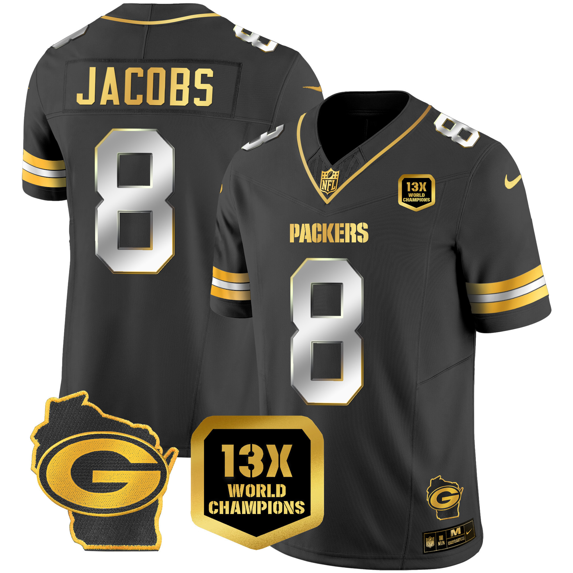 Josh Jacobs Packers 13 Time World Champions & Home Patch Gold Vapor Jersey – All Stitched - Image 2