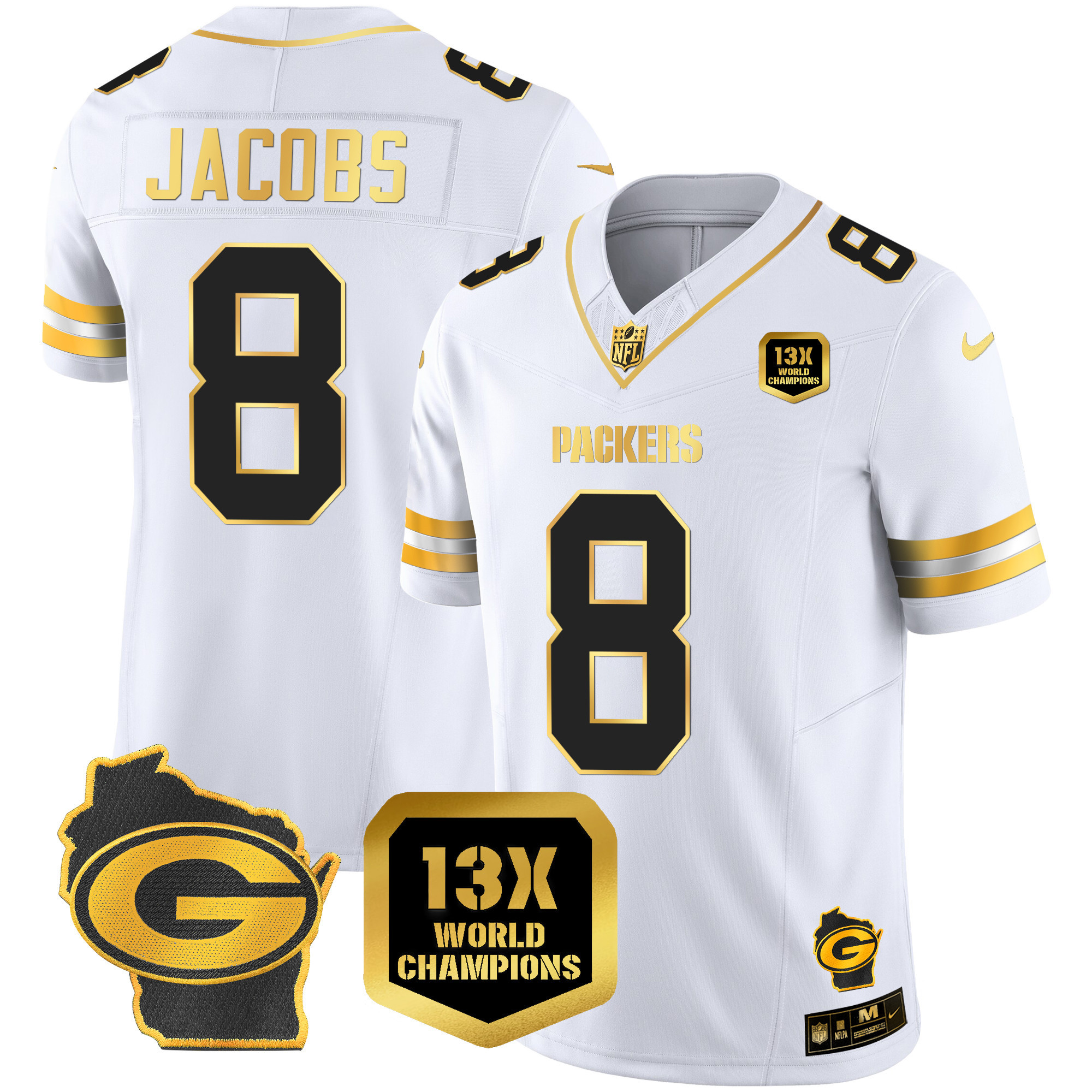 Josh Jacobs Packers 13 Time World Champions & Home Patch Gold Vapor Jersey – All Stitched - Image 4
