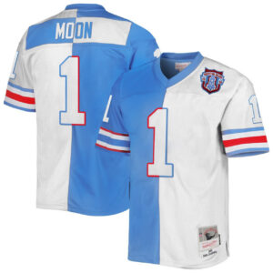 Men's Warren Moon Mitchell & Ness Earl Campbell Light Blue/White Houston Oilers Big & Tall Gridiron Classics Split Legacy Retired Player Jersey - All Stitched