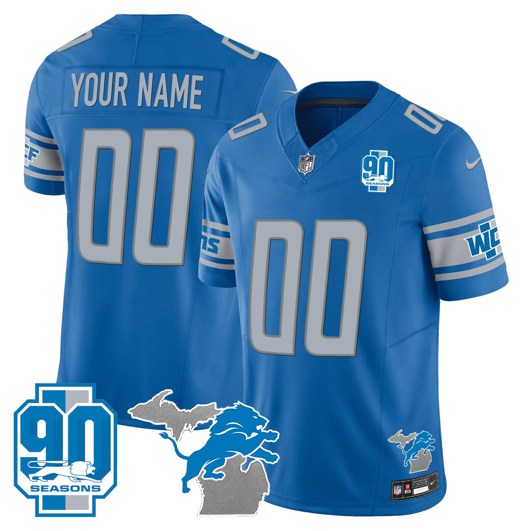 Detroit Lions 90th Year & Michigan Patch Custom Vapor Jersey - All Stitched - Image 3
