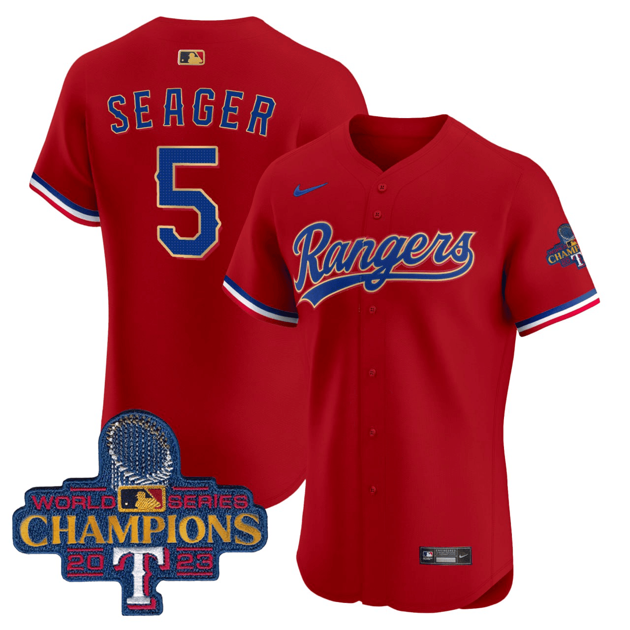 Corey Seager Texas Rangers Red 2023 World Series Champions Gold Trim Vapor Premier Elite Jersey - All Stitched - Image 2