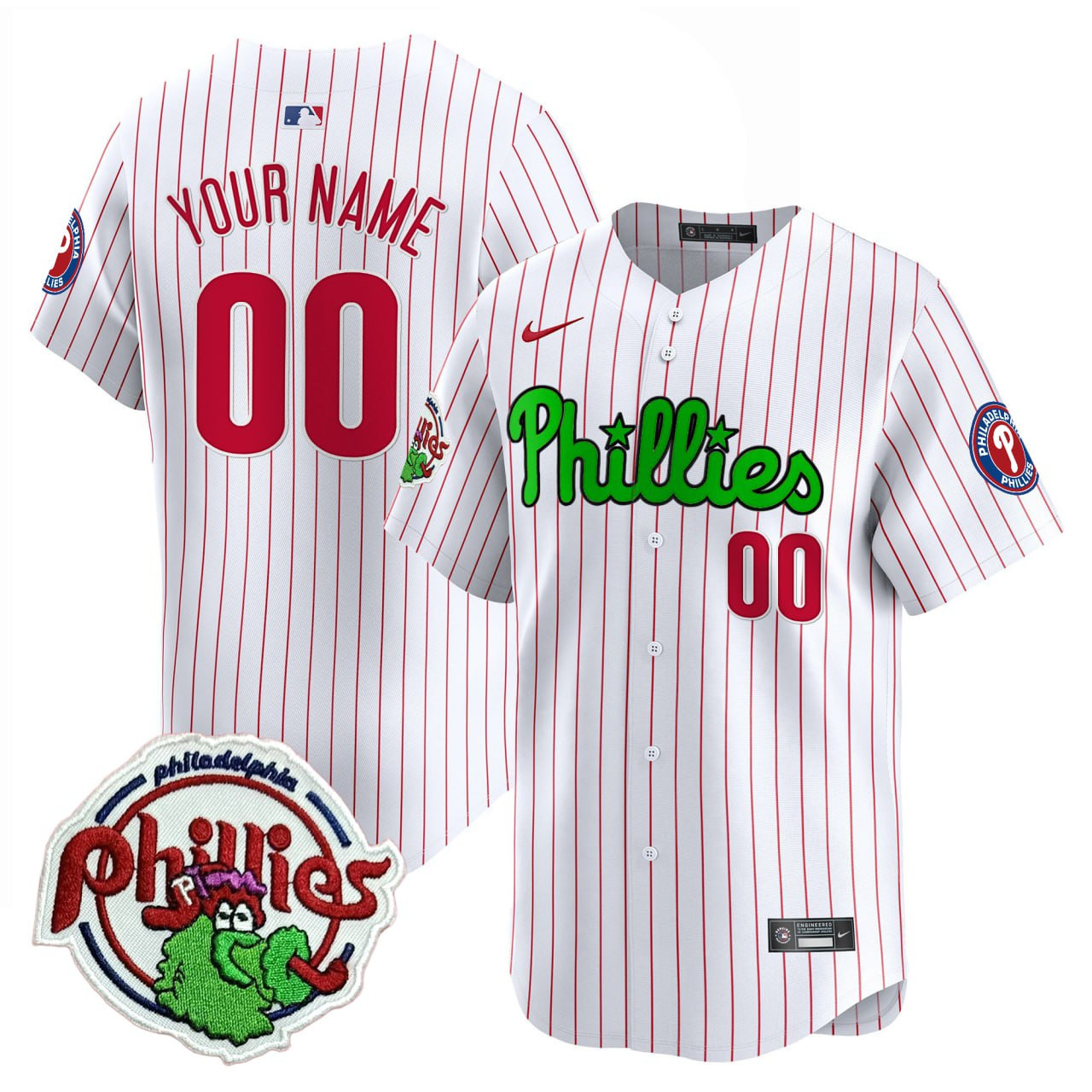Phillies Phanatic Patch White Pinstripe Vapor Special Custom Jersey - All Stitched