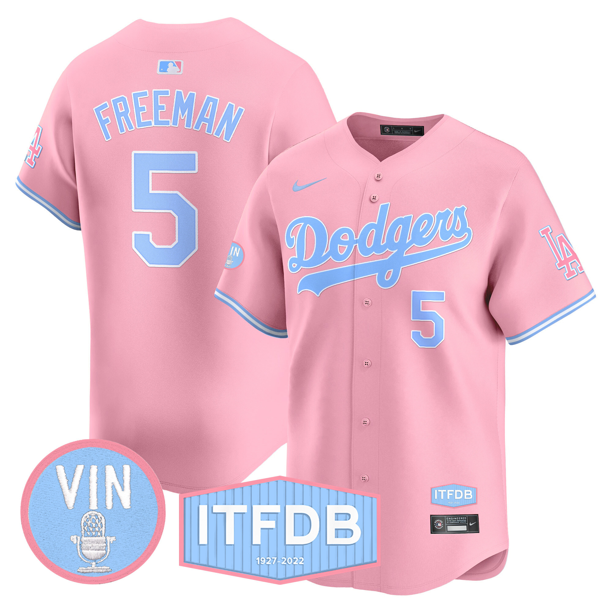 Unisex Dodgers Vin ITFDB Patch Bubblegum Pink Vapor Premier Limited Jersey - All Stitched - Image 2