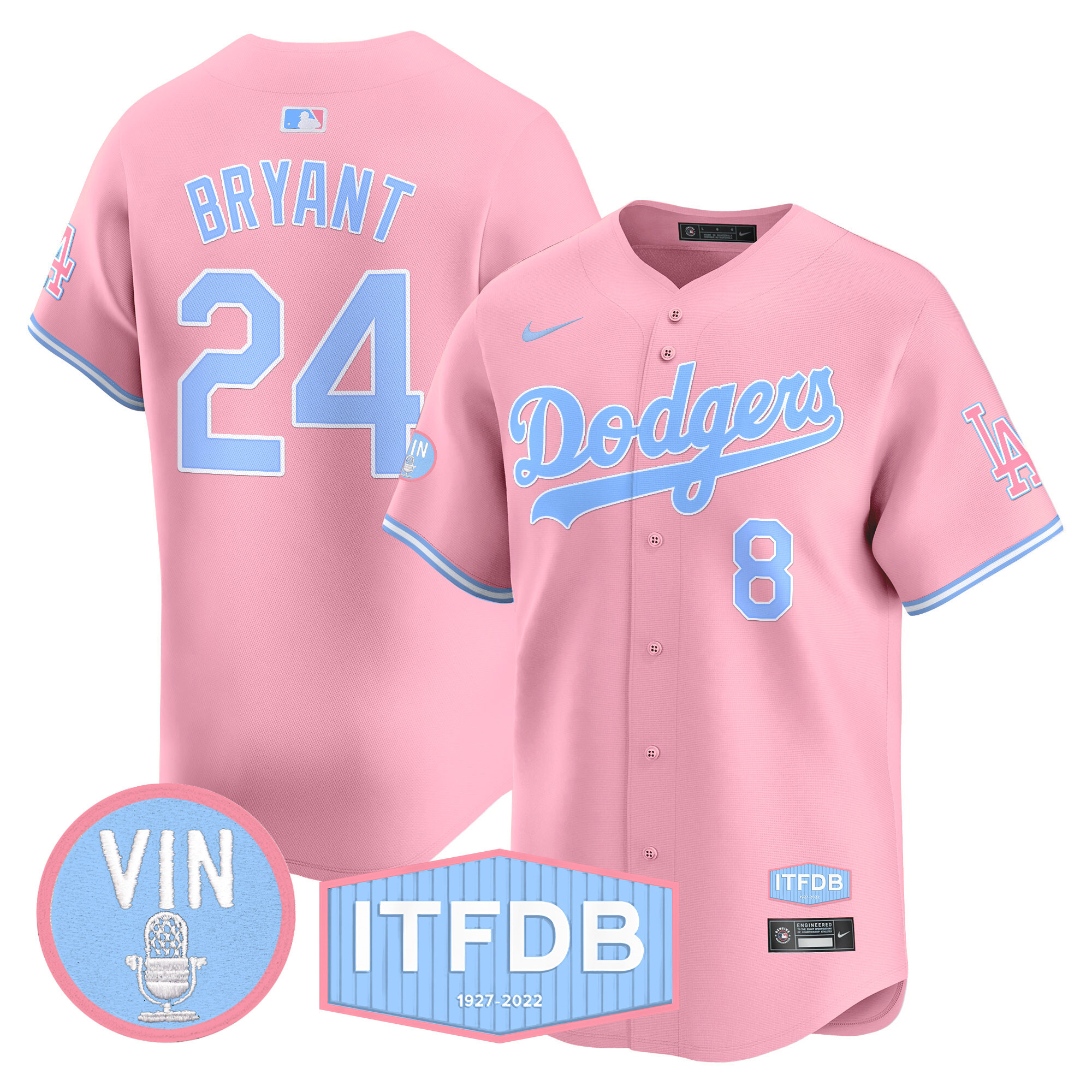 Unisex Dodgers Vin ITFDB Patch Bubblegum Pink Vapor Premier Limited Jersey - All Stitched - Image 4