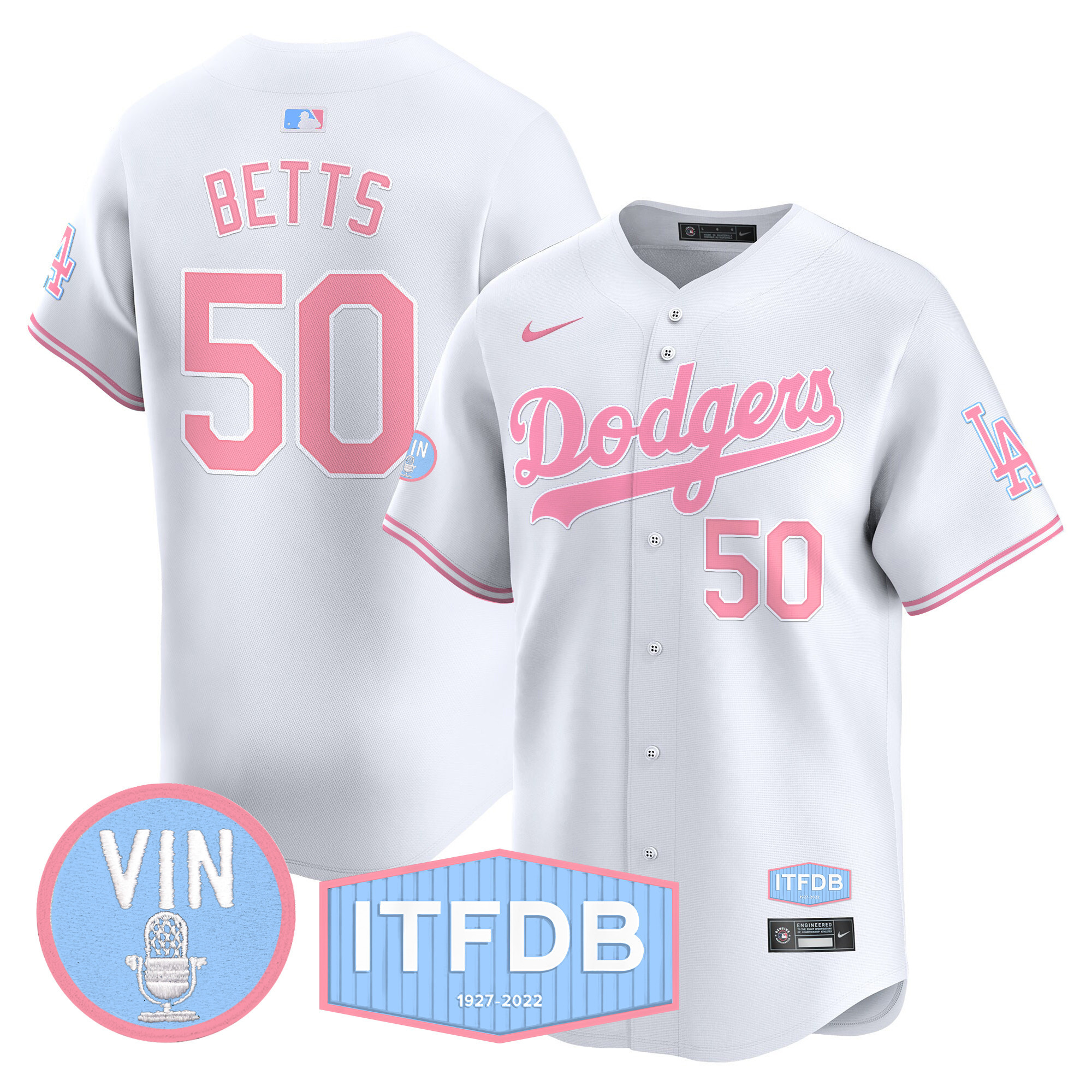 Unisex Dodgers Vin ITFDB Patch Bubblegum Pink Vapor Premier Limited Jersey - All Stitched - Image 30
