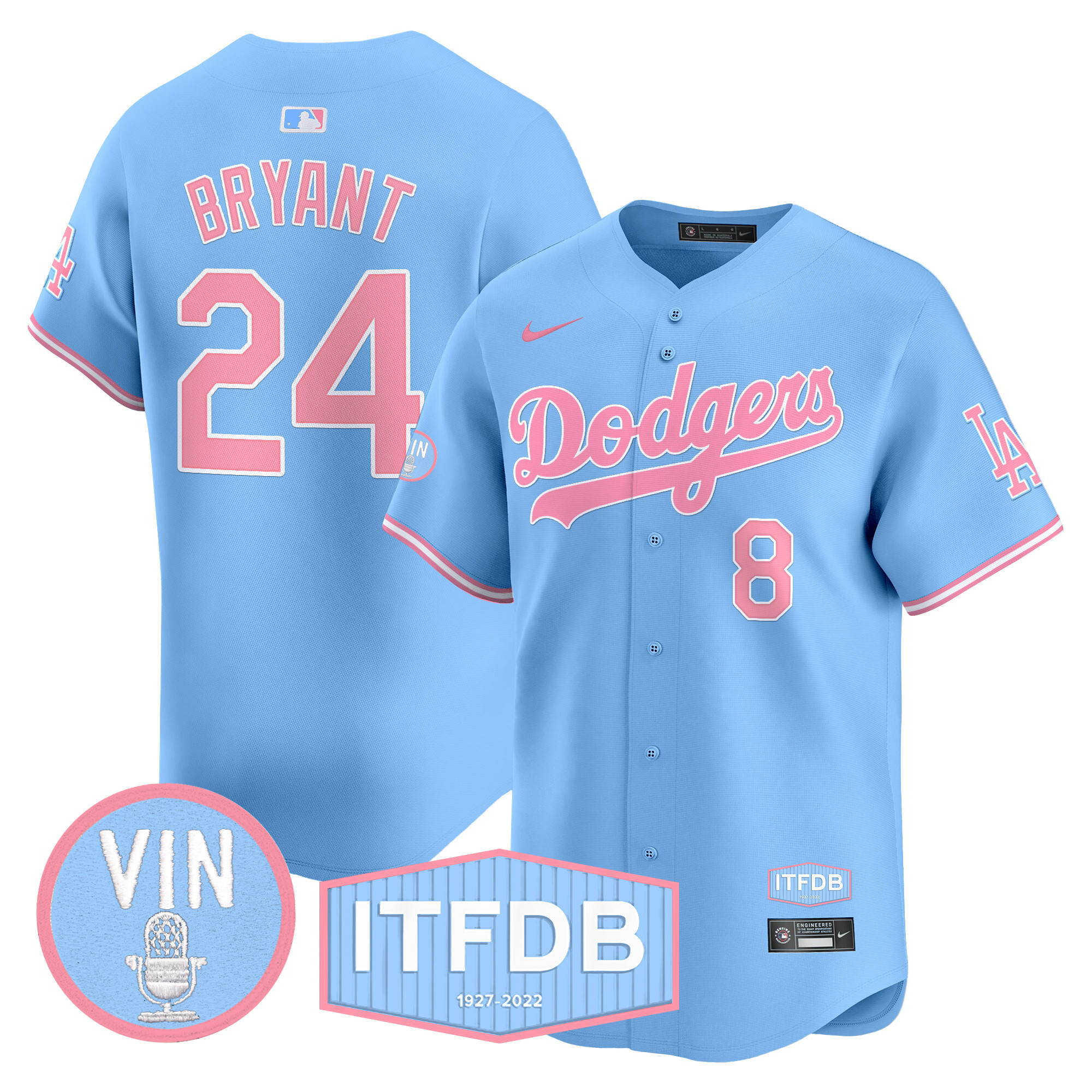 Unisex Dodgers Vin ITFDB Patch Bubblegum Pink Vapor Premier Limited Jersey - All Stitched - Image 13
