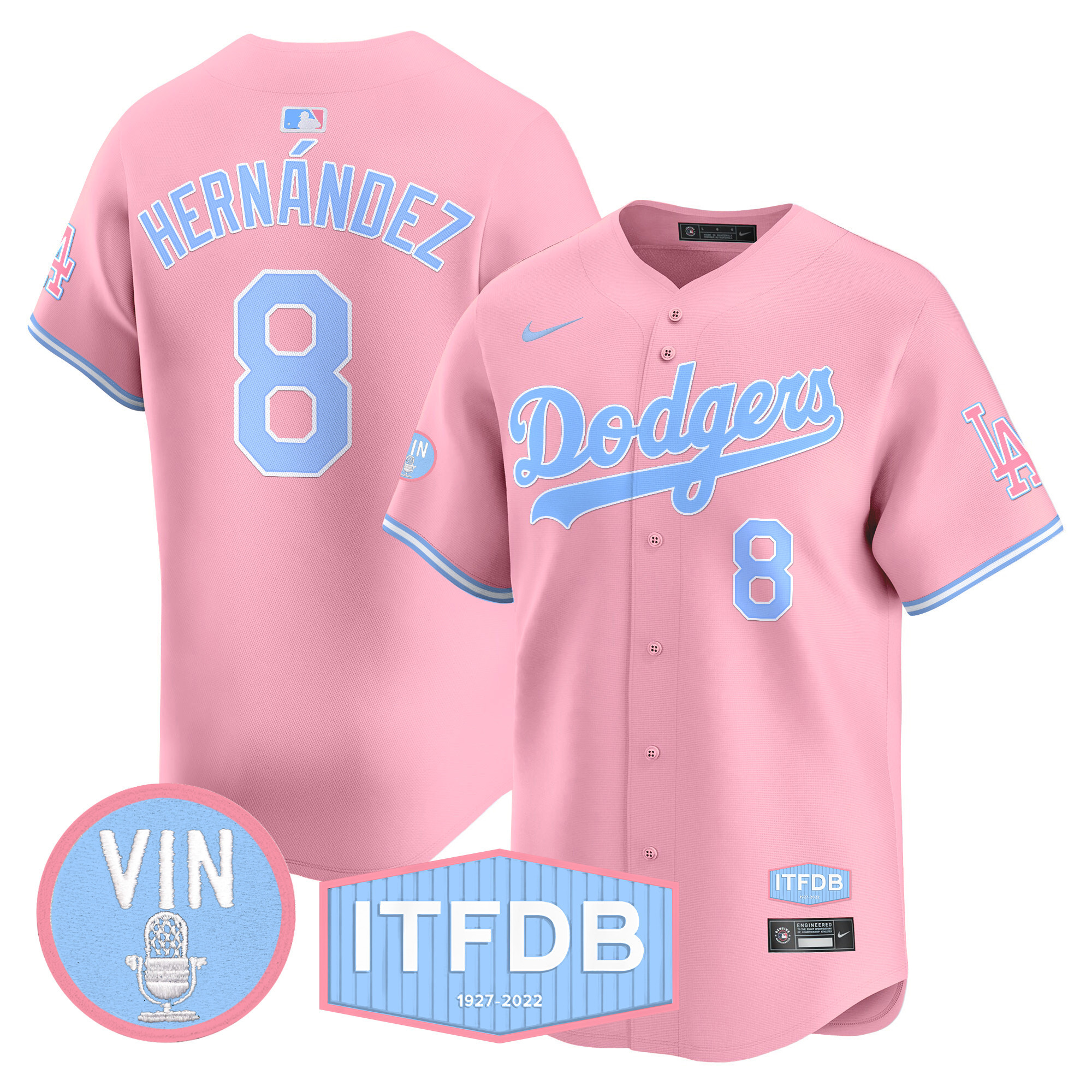 Unisex Dodgers Vin ITFDB Patch Bubblegum Pink Vapor Premier Limited Jersey - All Stitched - Image 6