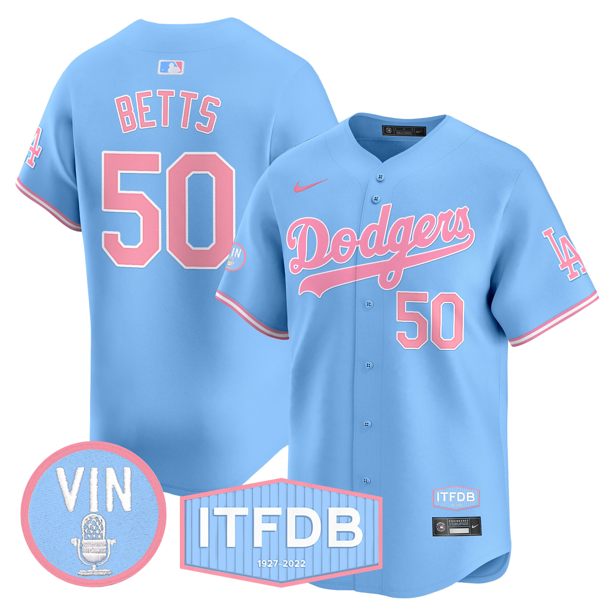 Unisex Dodgers Vin ITFDB Patch Bubblegum Pink Vapor Premier Limited Jersey - All Stitched - Image 12