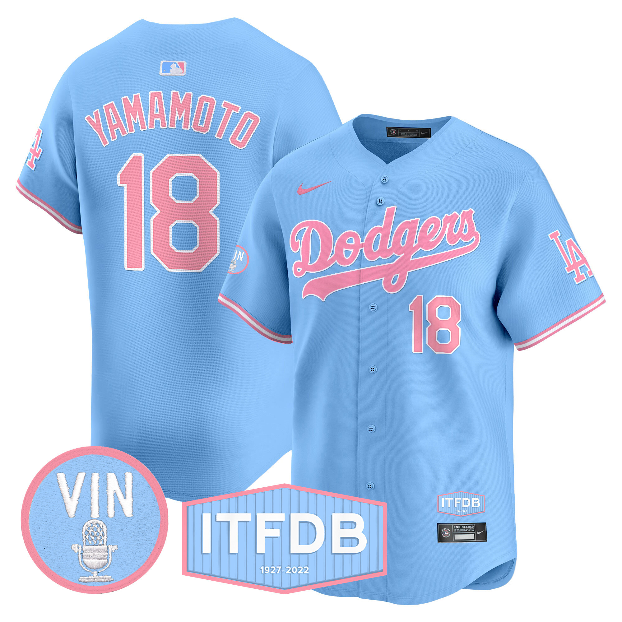 Unisex Dodgers Vin ITFDB Patch Bubblegum Pink Vapor Premier Limited Jersey - All Stitched - Image 16
