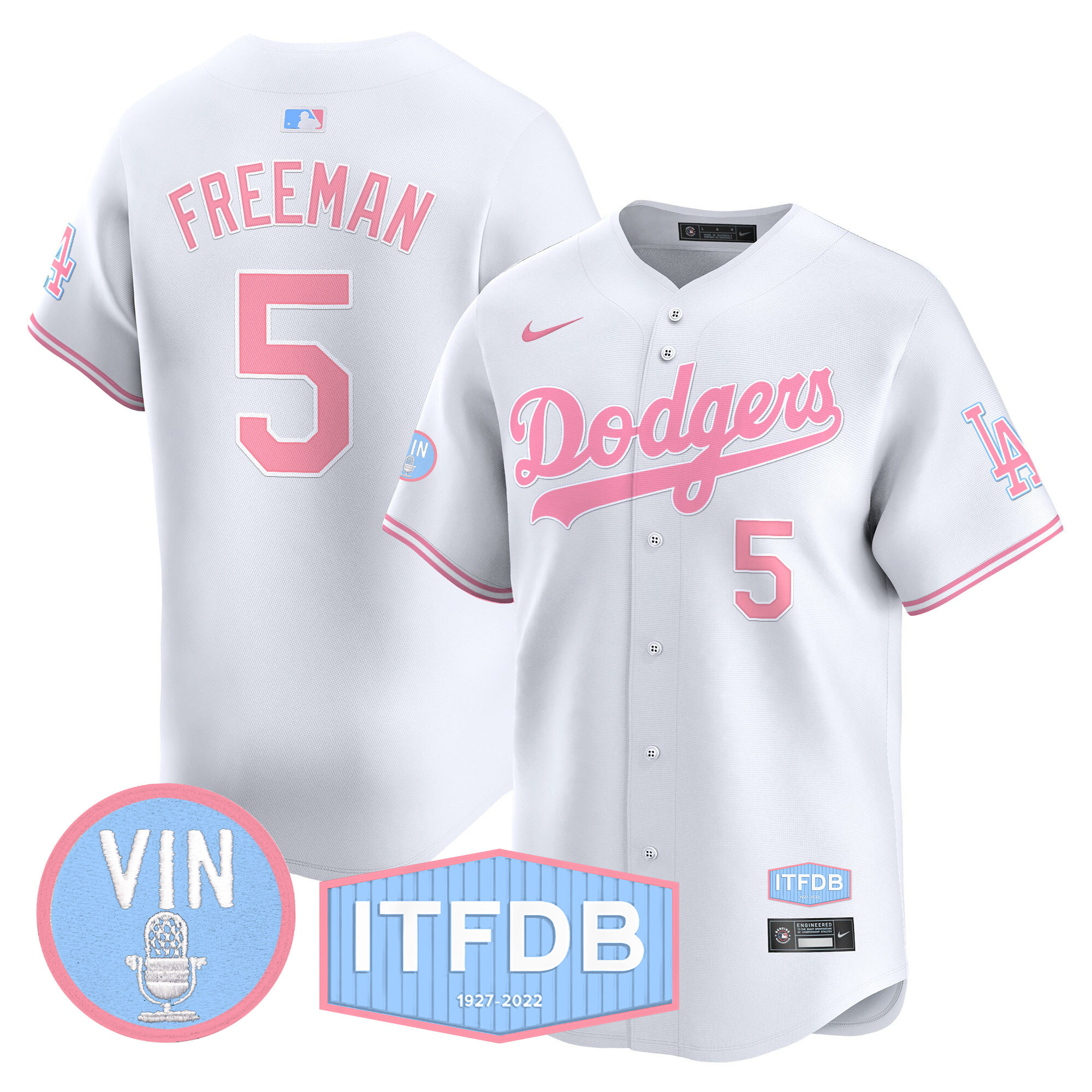 Unisex Dodgers Vin ITFDB Patch Bubblegum Pink Vapor Premier Limited Jersey - All Stitched - Image 29
