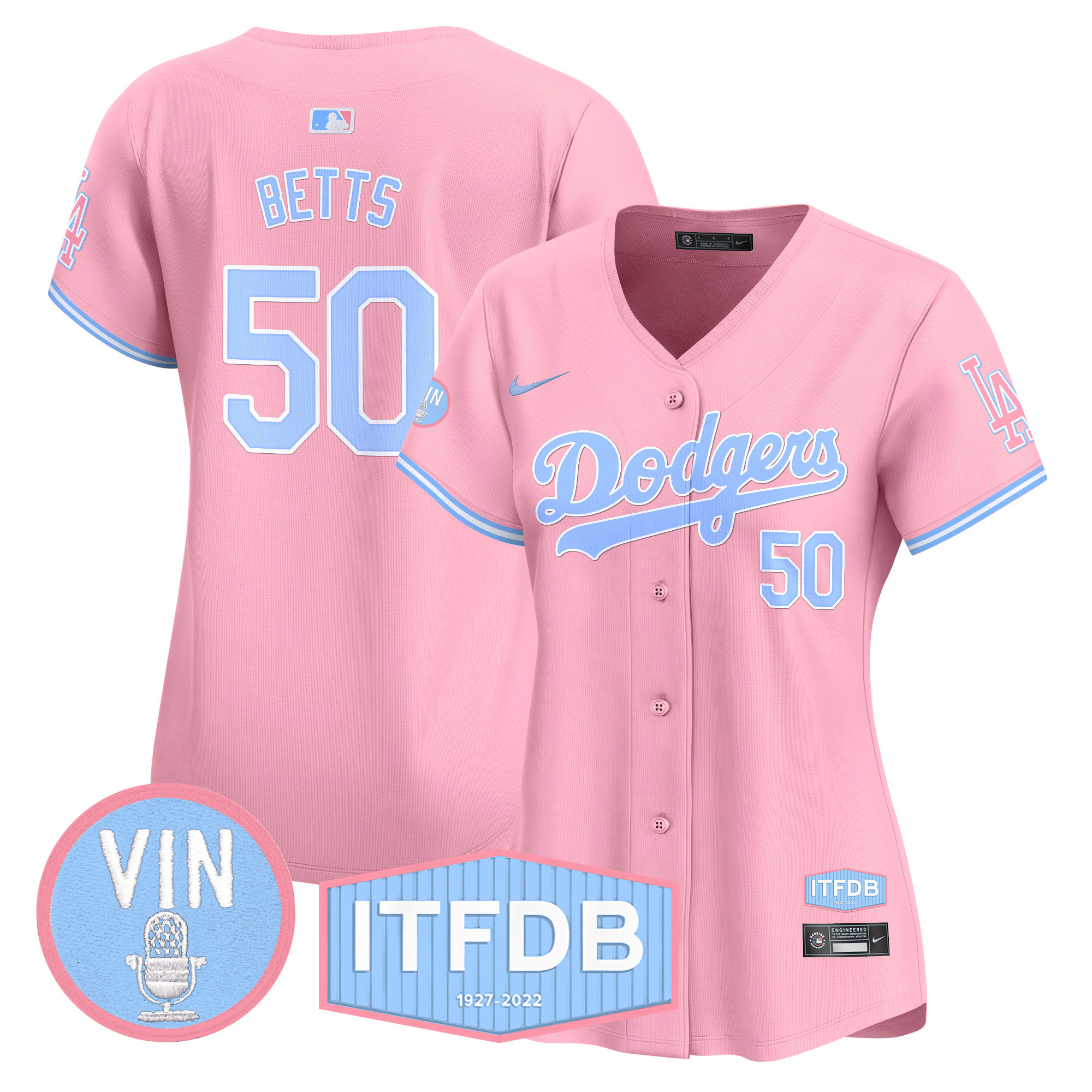 Women's Dodgers Vin ITFDB Patch Bubblegum Pink Vapor Premier Limited Jersey - All Stitched - Image 3