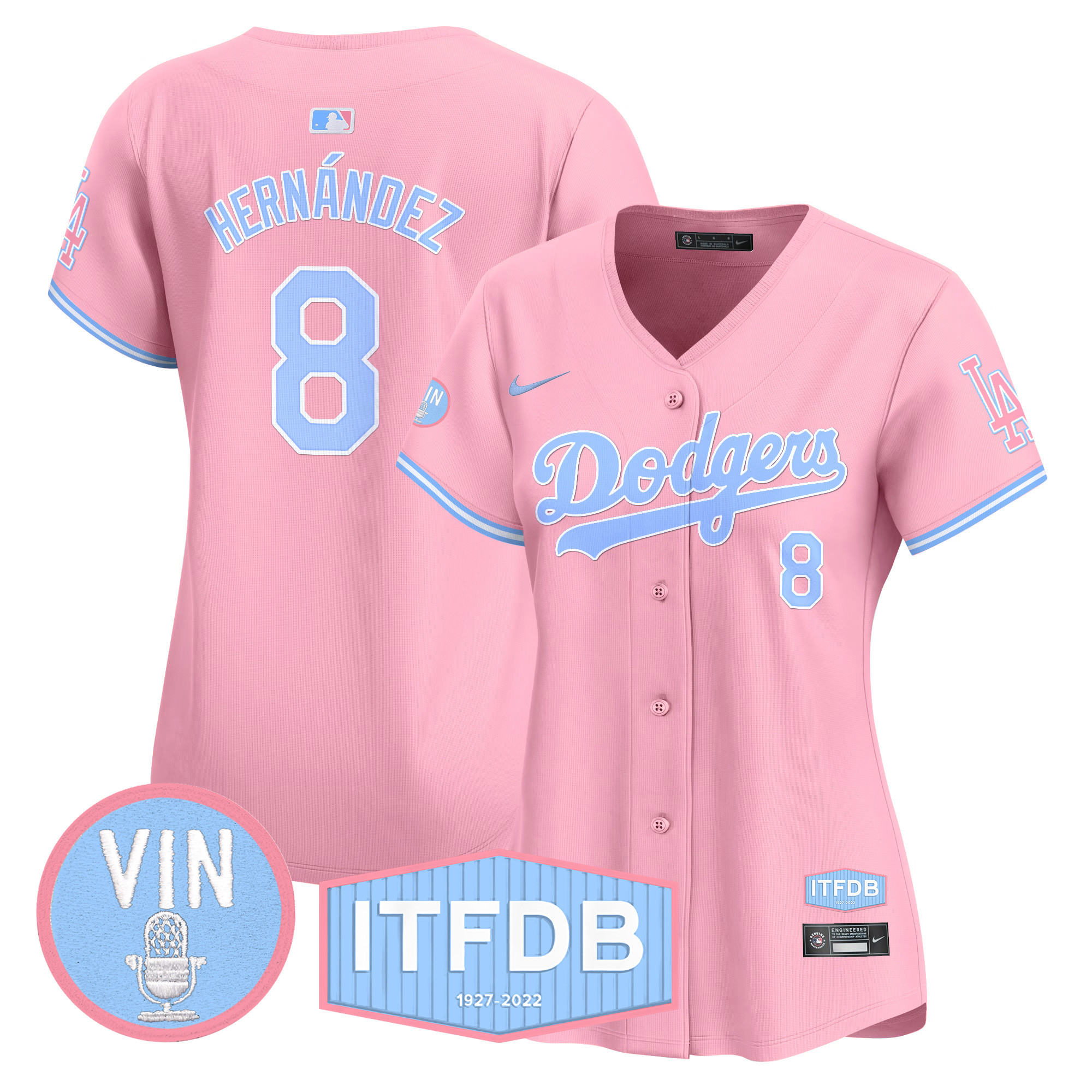Women's Dodgers Vin ITFDB Patch Bubblegum Pink Vapor Premier Limited Jersey - All Stitched - Image 6