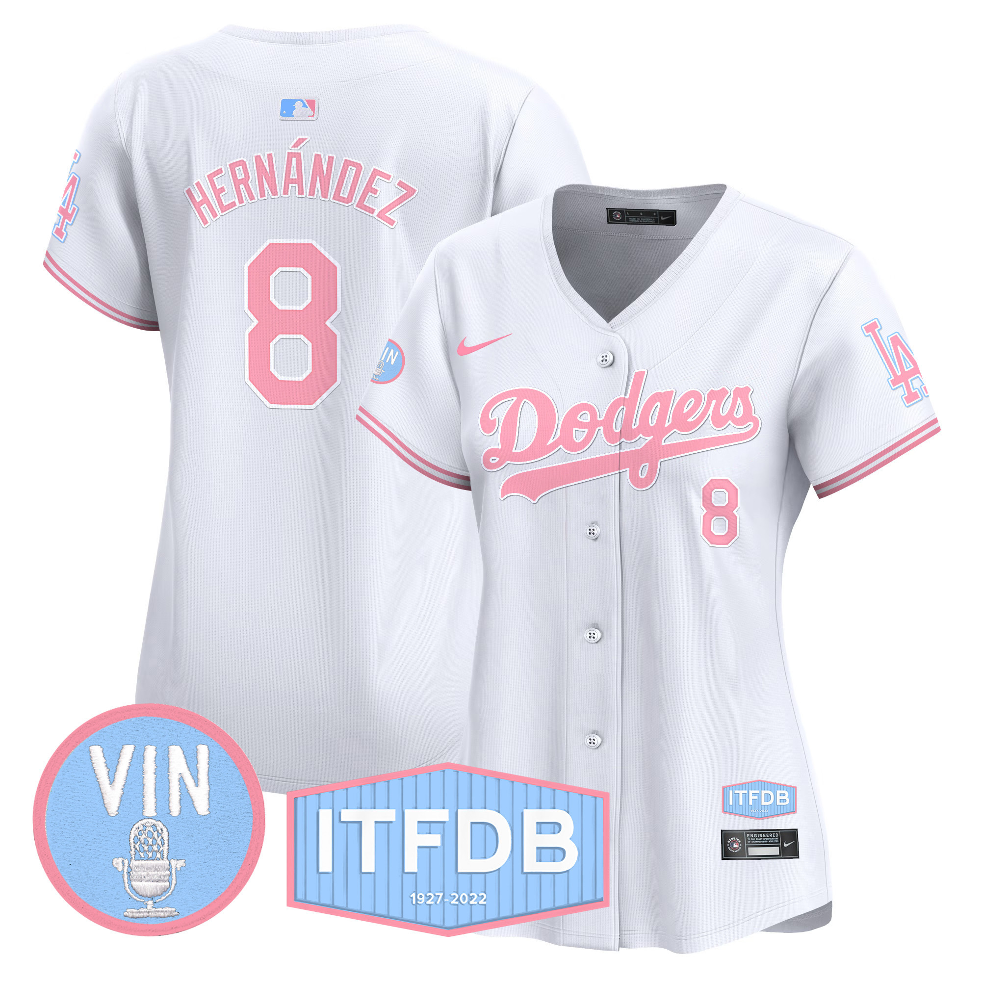 Women's Dodgers Vin ITFDB Patch Bubblegum Pink Vapor Premier Limited Jersey - All Stitched - Image 33