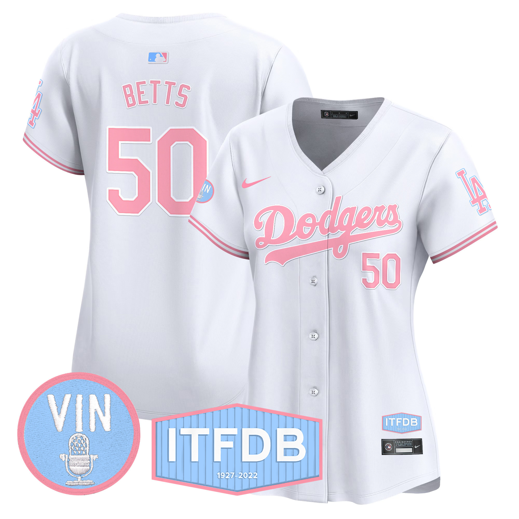 Women's Dodgers Vin ITFDB Patch Bubblegum Pink Vapor Premier Limited Jersey - All Stitched - Image 30