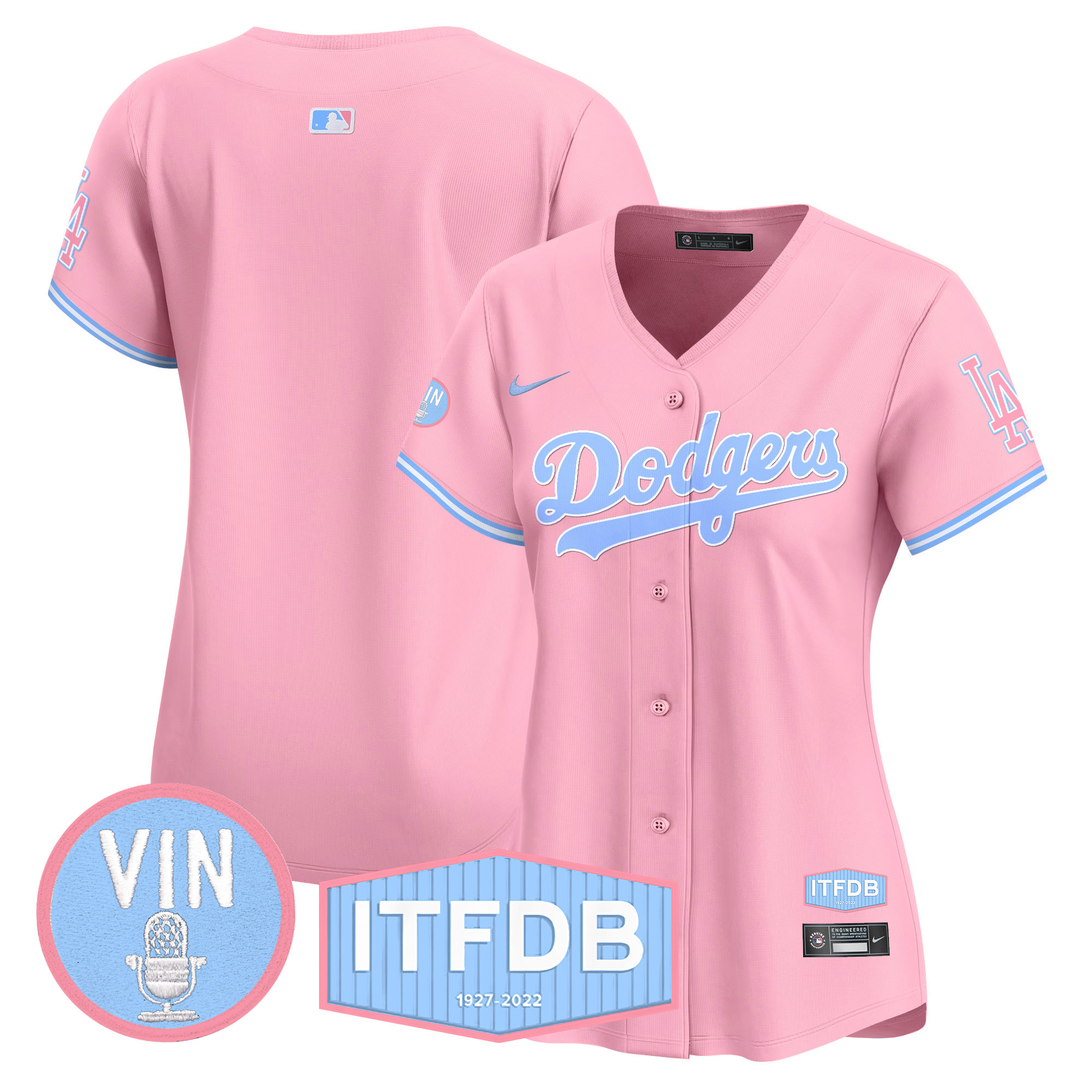 Women's Dodgers Vin ITFDB Patch Bubblegum Pink Vapor Premier Limited Jersey - All Stitched - Image 9