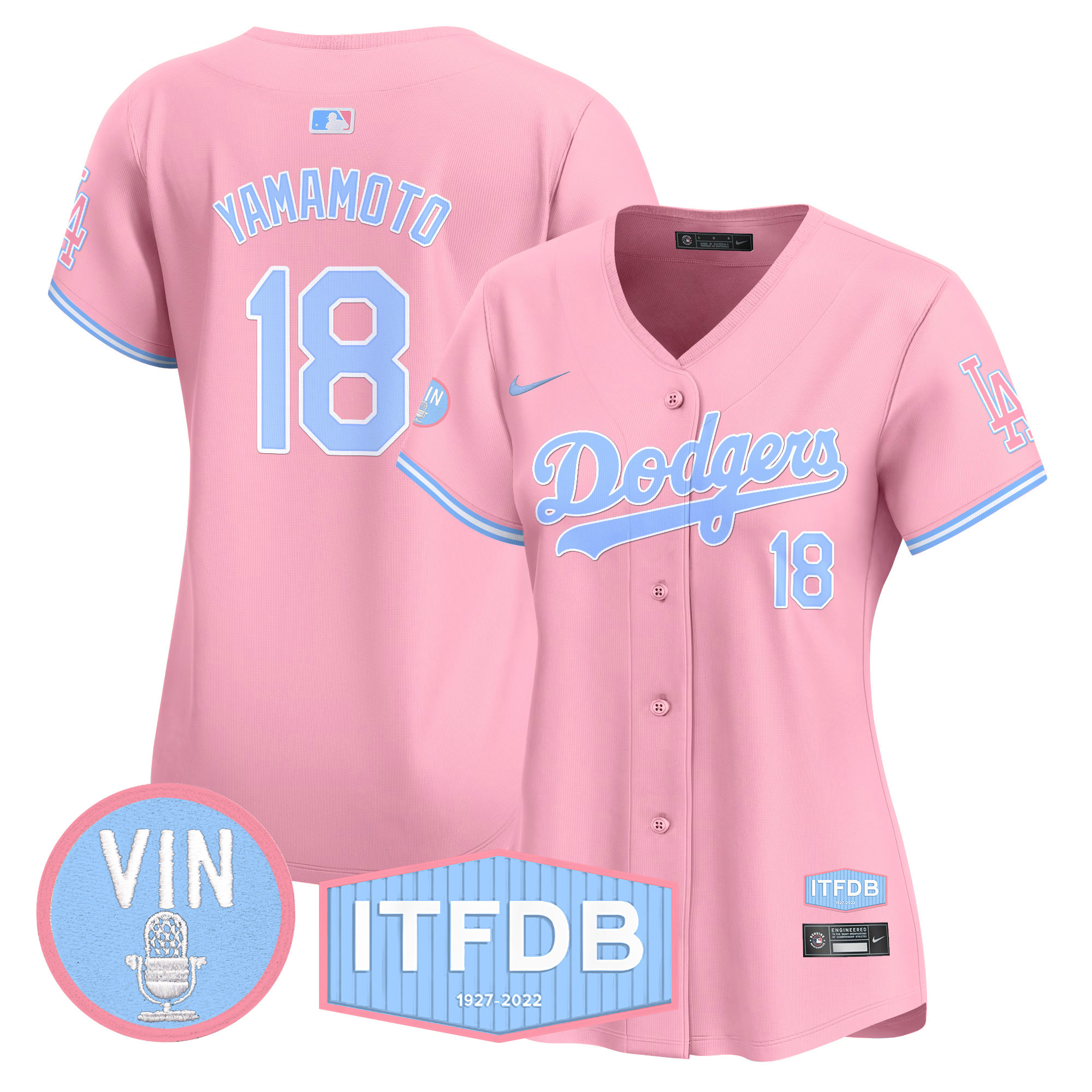 Women's Dodgers Vin ITFDB Patch Bubblegum Pink Vapor Premier Limited Jersey - All Stitched - Image 7