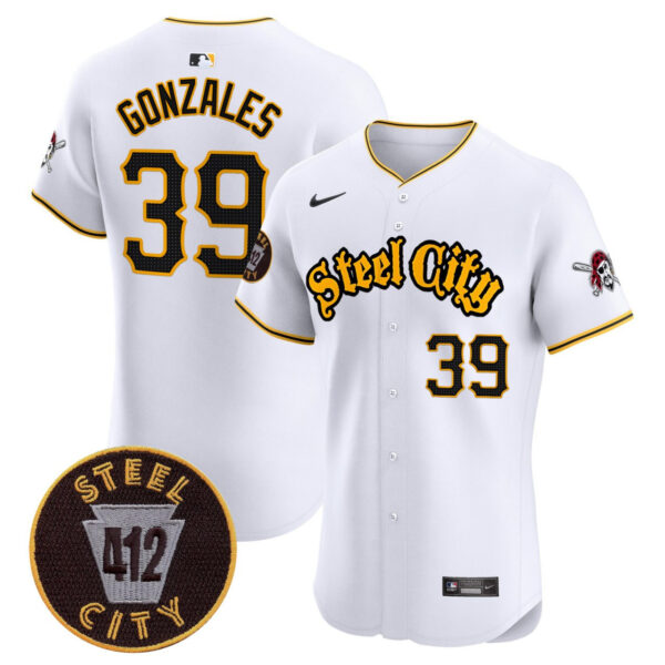 Nick Gonzales Pittsburgh Pirates 412 Patch White Premier Limited Jersey - All Stitched - Image 2