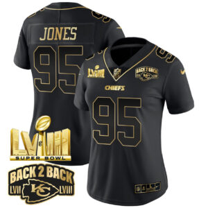 Chris Jones Chiefs Super Bowl LVIII & Back 2 Back Gold Patch Black Gold Women Style Jersey V2 - All Stitched