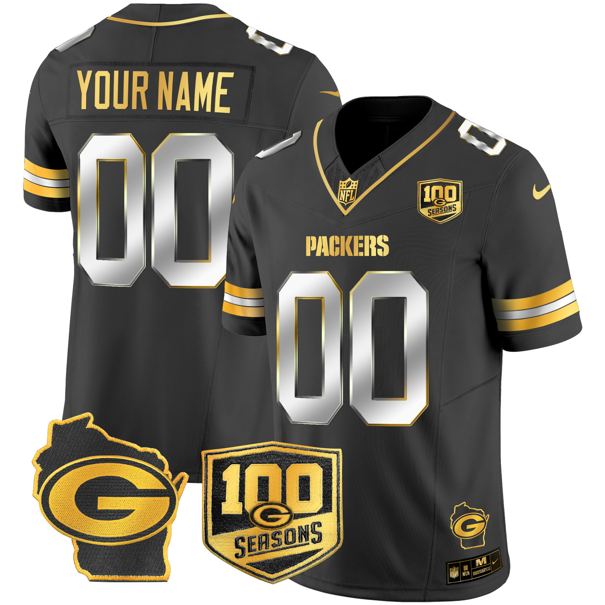 Packers 100th Season & Home Patch Gold Vapor Limited Custom Jersey – All Stitched - Image 2