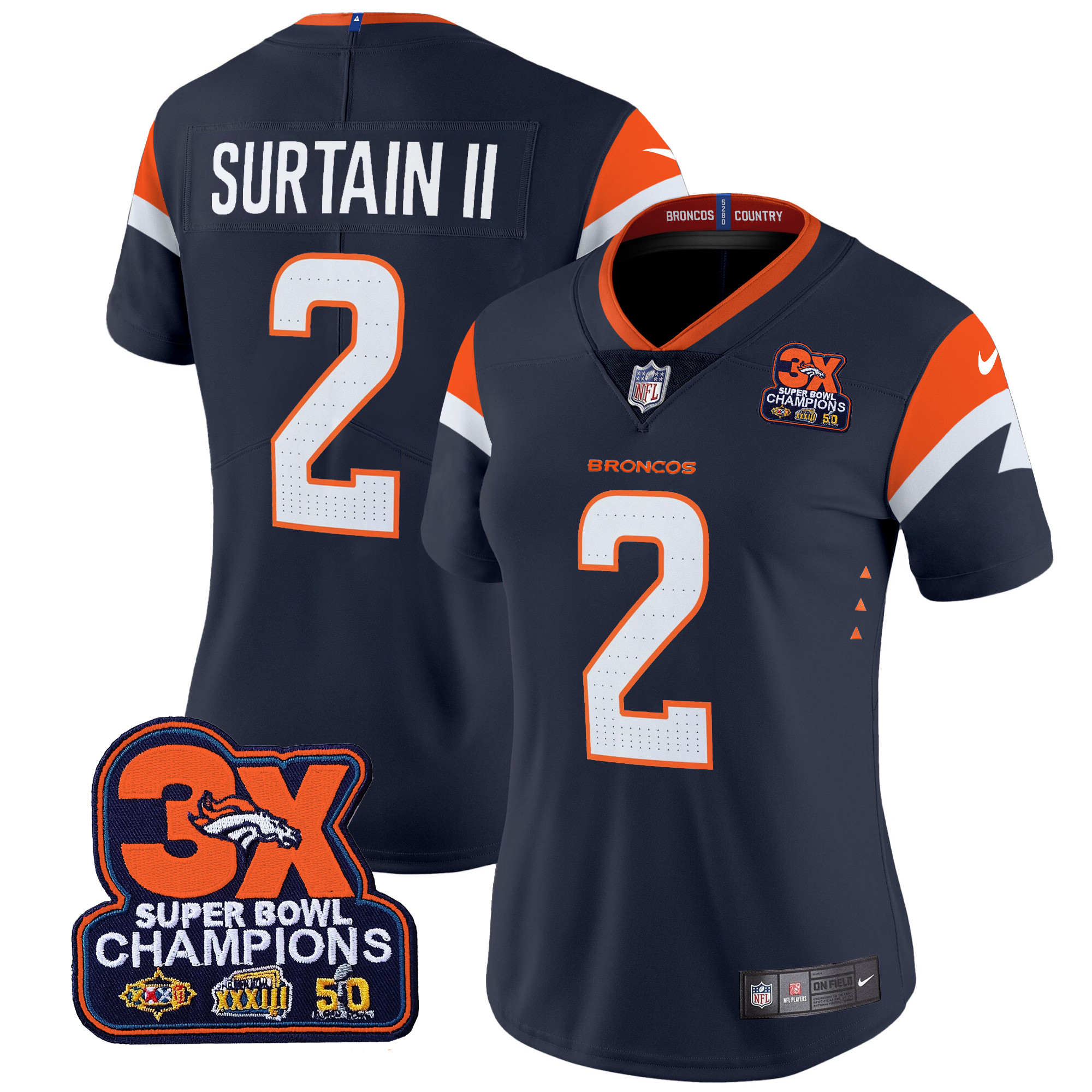 Women's Denver Broncos 3-Time Champions Patch Vapor Limited Jersey - All Stitched - Image 16
