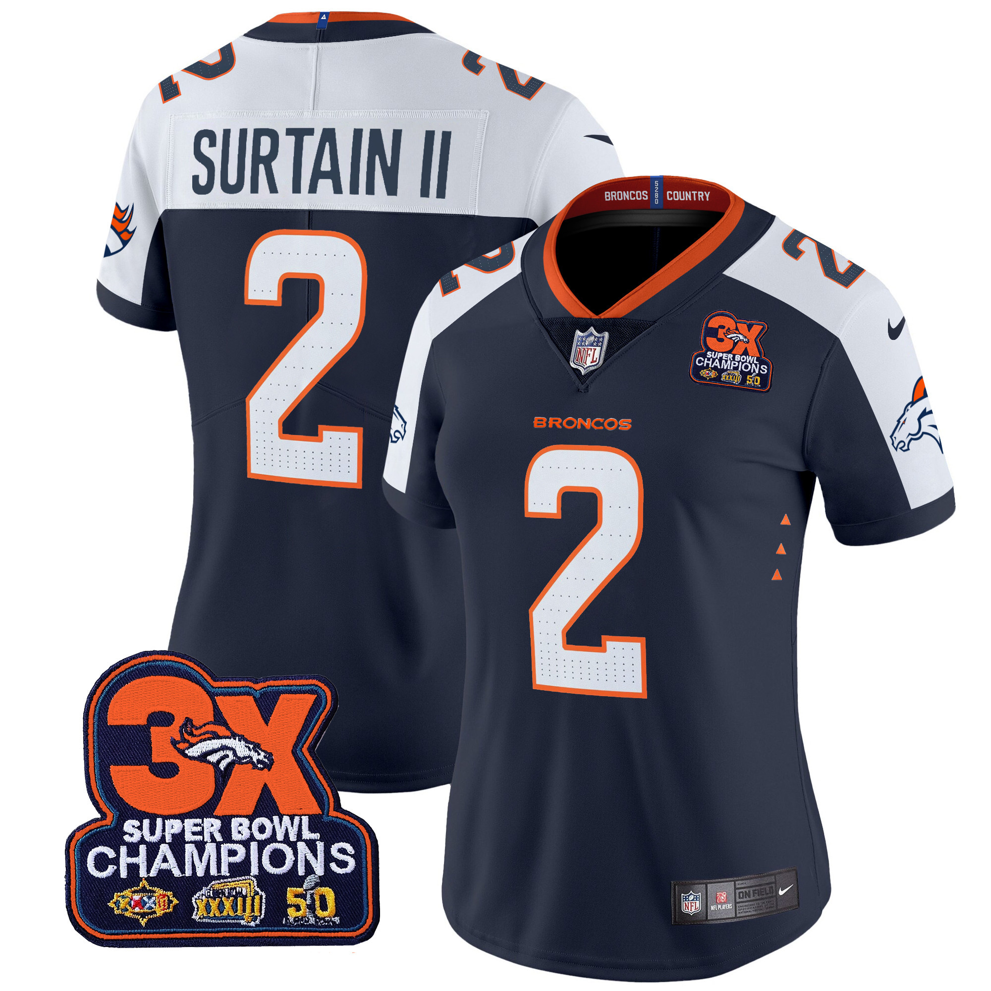 Women's Denver Broncos 3-Time Champions Patch Vapor Limited Jersey - All Stitched - Image 30