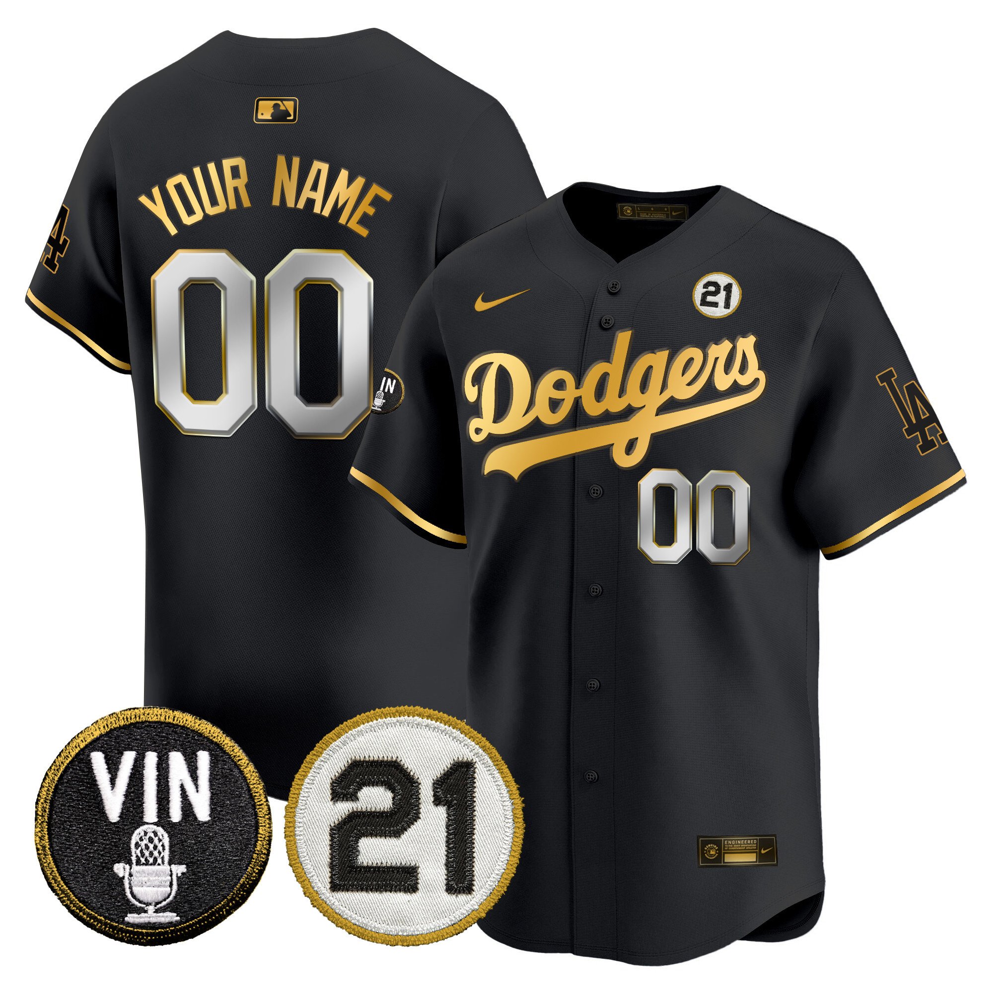Dodgers Vin & Roberto Patch Gold Trim Vapor Premier Limited Custom Jersey - All Stitched