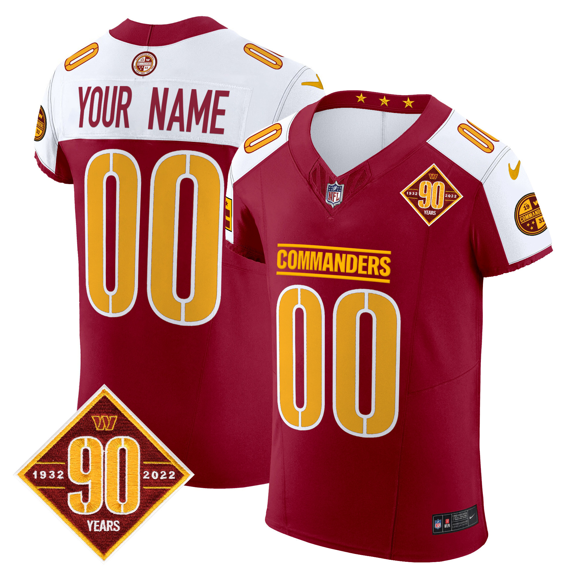 Washington Commanders 90th Anniversary Patch Vapor Elite Custom Jersey - All Stitched