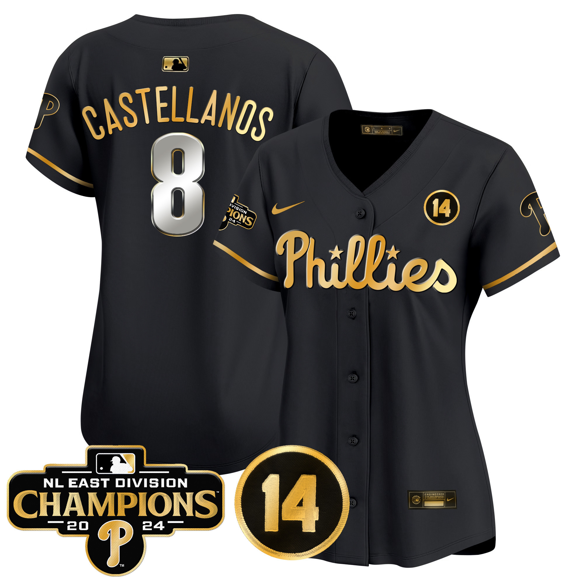 Women's Phillies 2024 NL East Division Champions & Pete Rose Patch Gold Vapor Premier Limited Jersey - All Stitched - Image 6