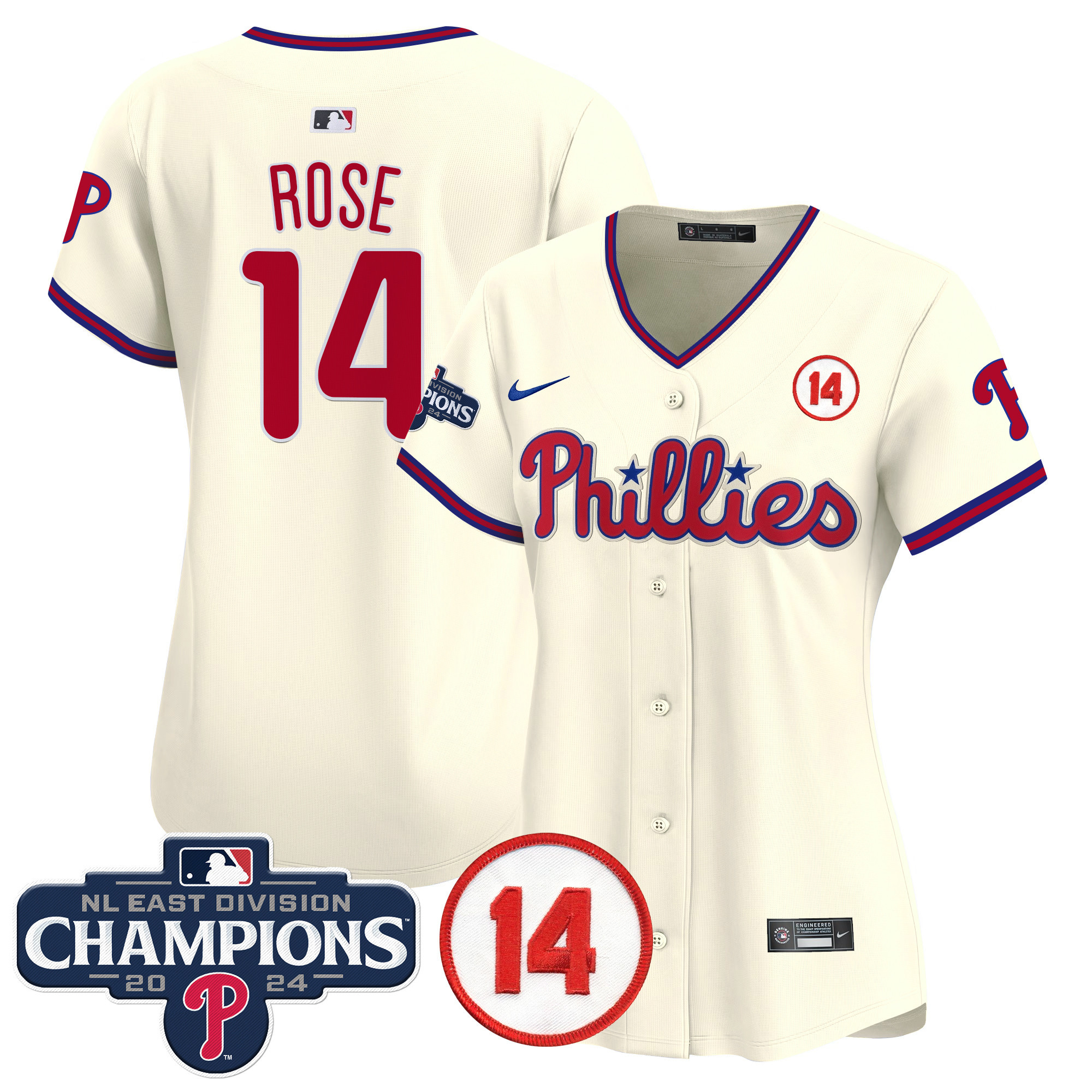 Women's Phillies 2024 NL East Division Champions & Pete Rose Patch Gold Vapor Premier Limited Jersey - All Stitched - Image 42