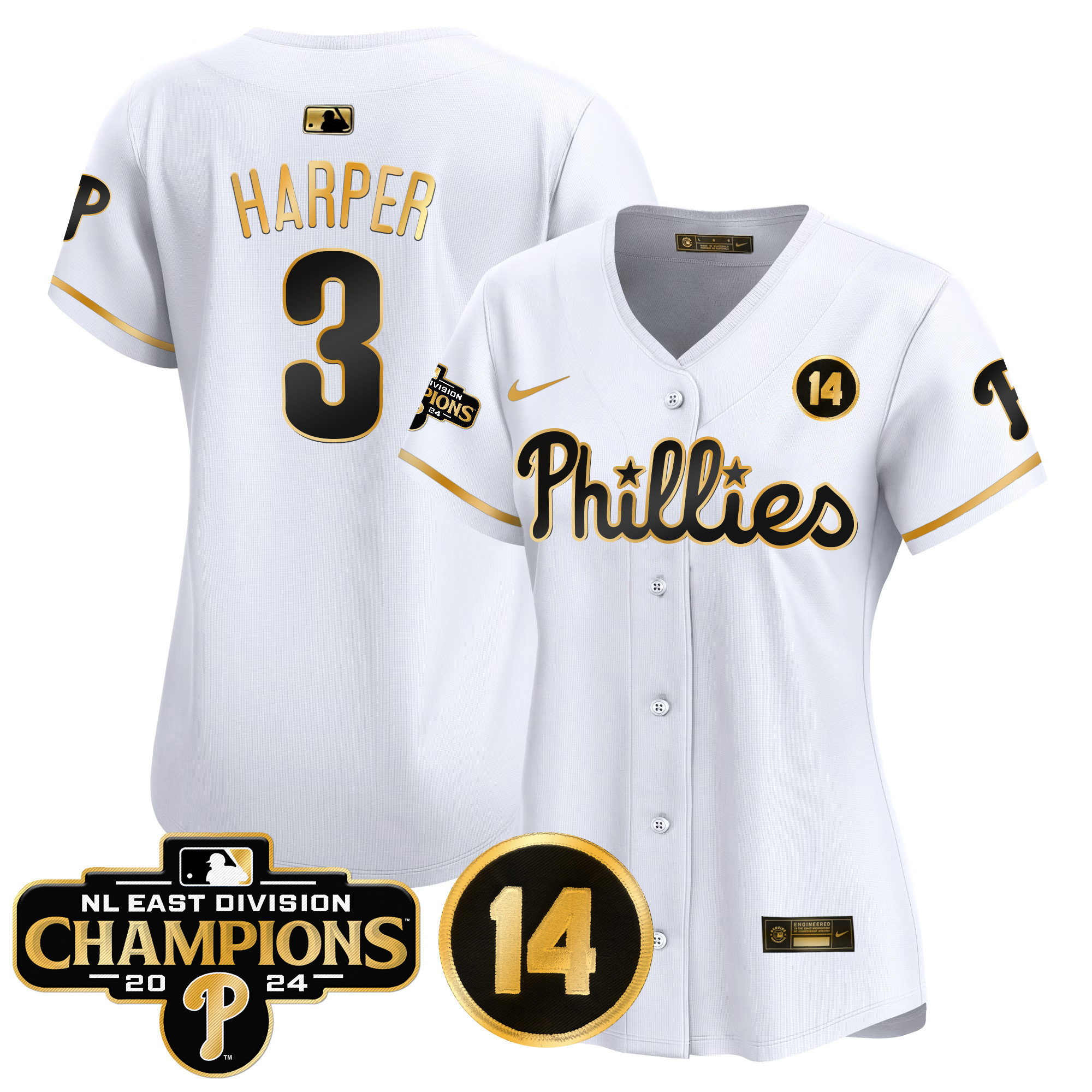 Women's Phillies 2024 NL East Division Champions & Pete Rose Patch Gold Vapor Premier Limited Jersey - All Stitched - Image 11