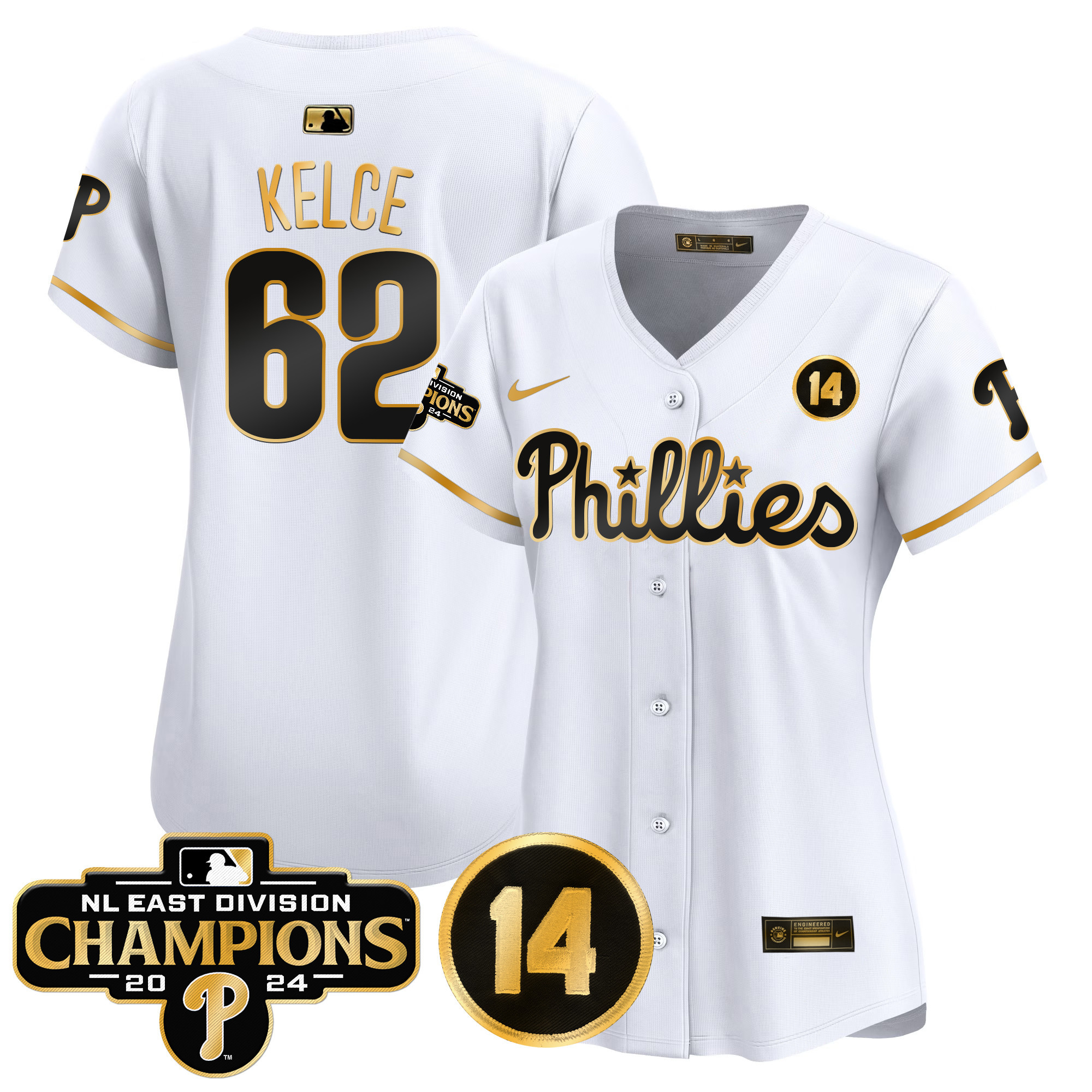 Women's Phillies 2024 NL East Division Champions & Pete Rose Patch Gold Vapor Premier Limited Jersey - All Stitched - Image 19