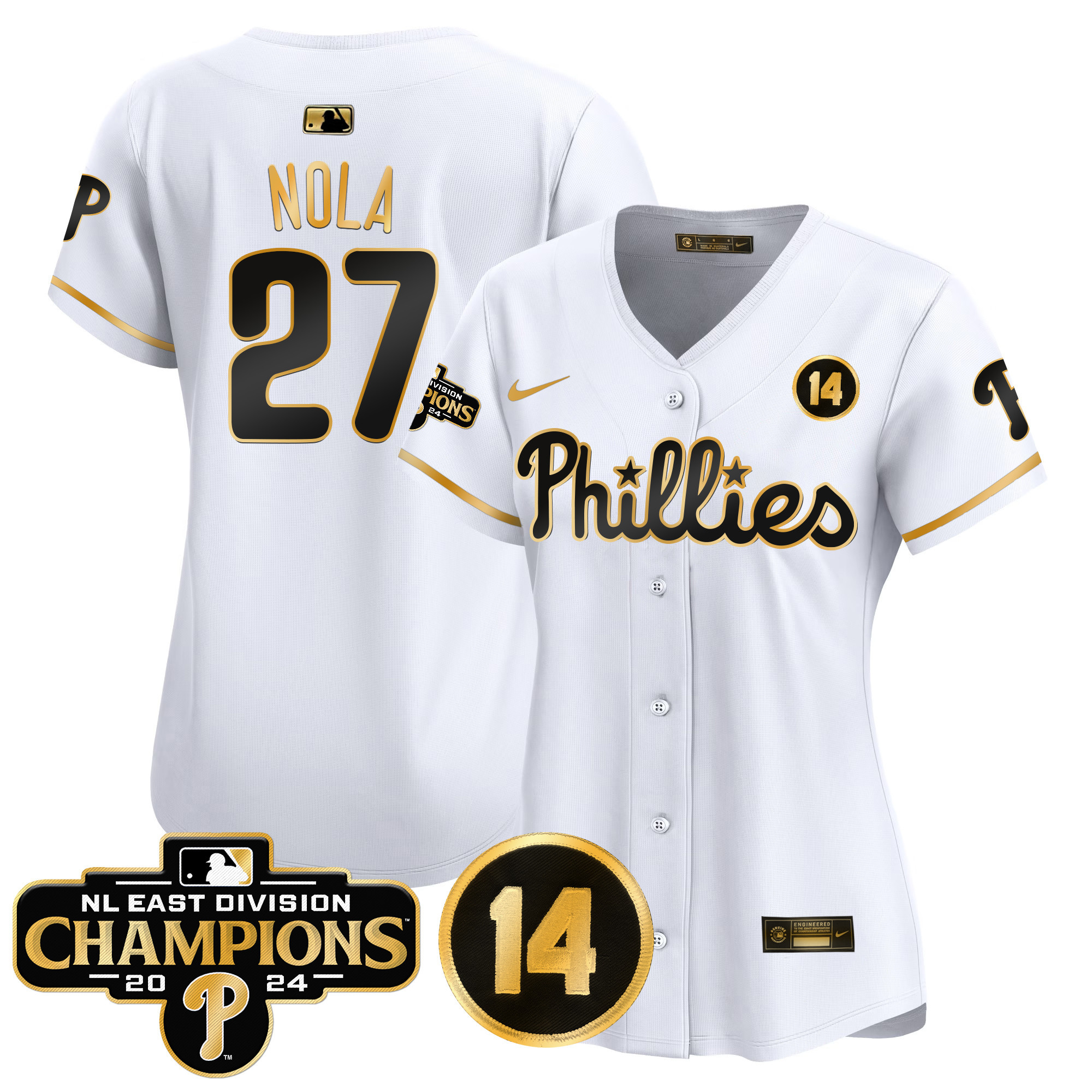Women's Phillies 2024 NL East Division Champions & Pete Rose Patch Gold Vapor Premier Limited Jersey - All Stitched - Image 13