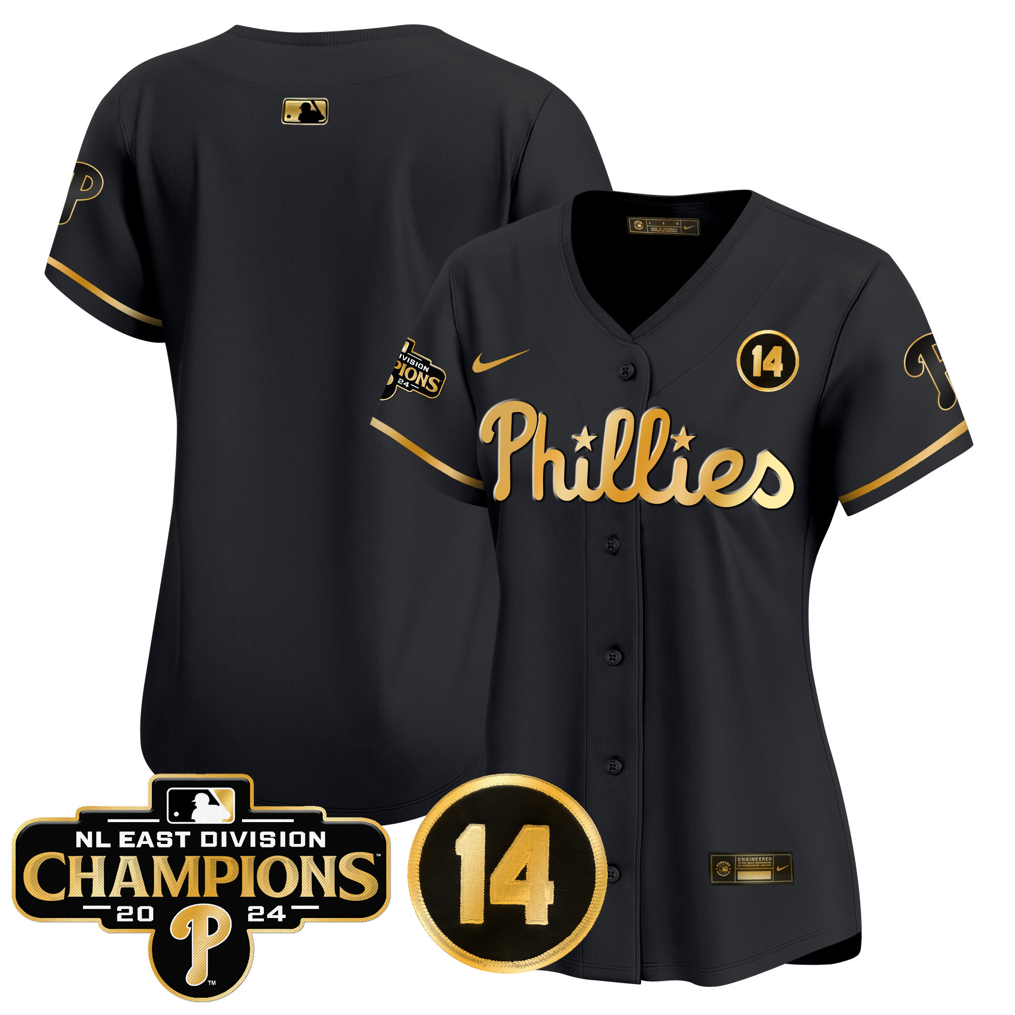 Women's Phillies 2024 NL East Division Champions & Pete Rose Patch Gold Vapor Premier Limited Jersey - All Stitched - Image 10