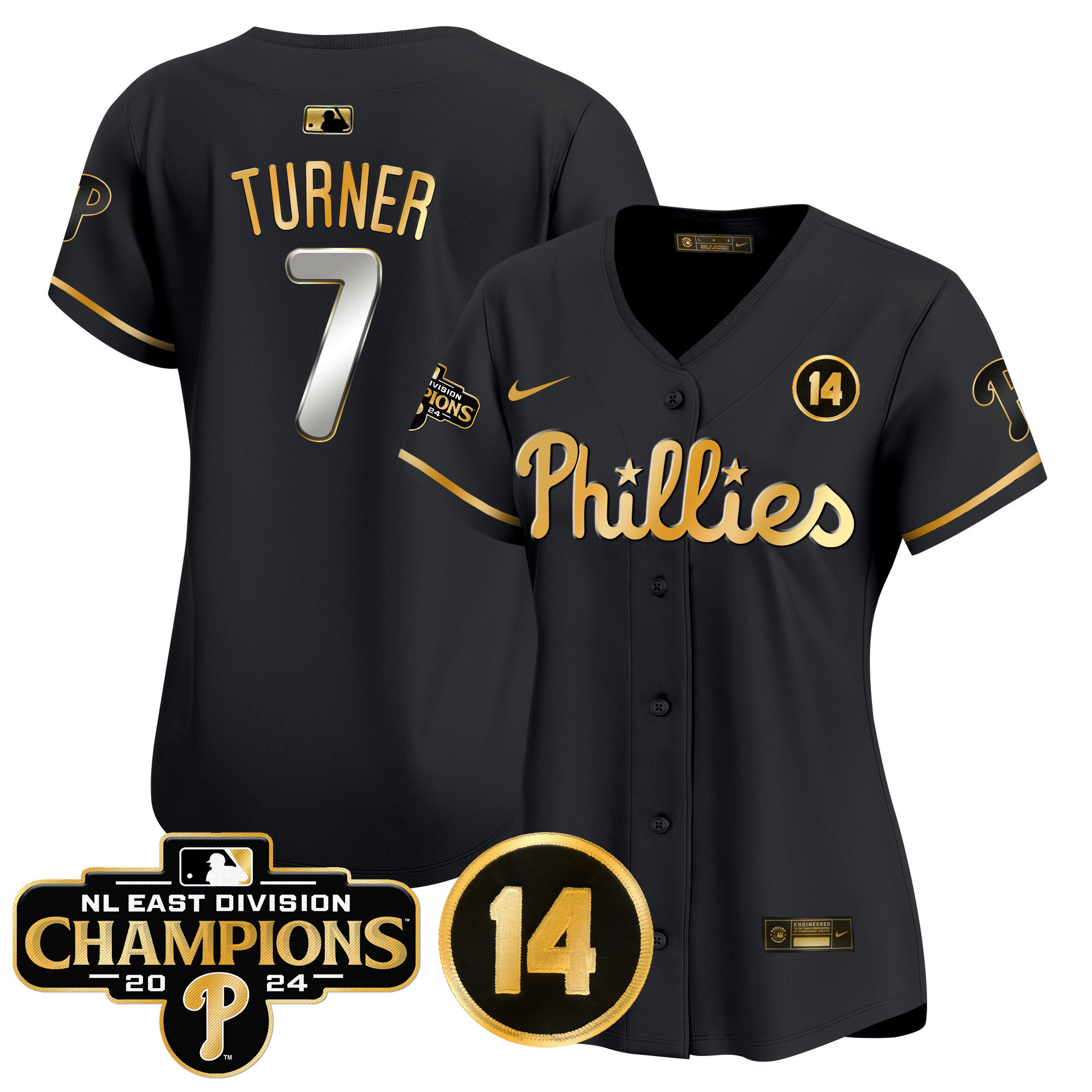 Women's Phillies 2024 NL East Division Champions & Pete Rose Patch Gold Vapor Premier Limited Jersey - All Stitched - Image 5