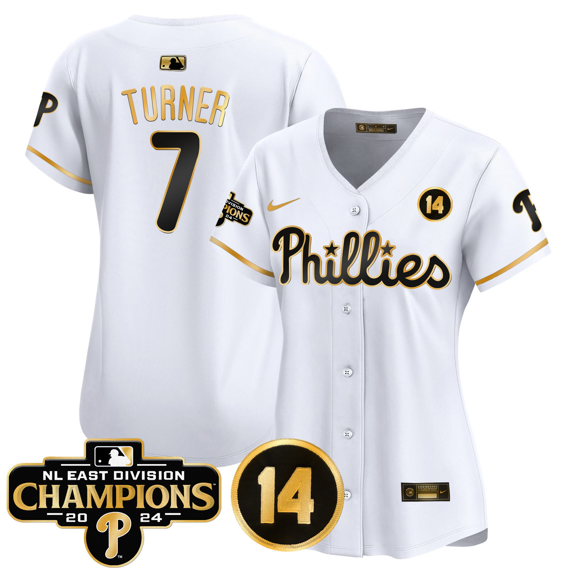 Women's Phillies 2024 NL East Division Champions & Pete Rose Patch Gold Vapor Premier Limited Jersey - All Stitched - Image 15
