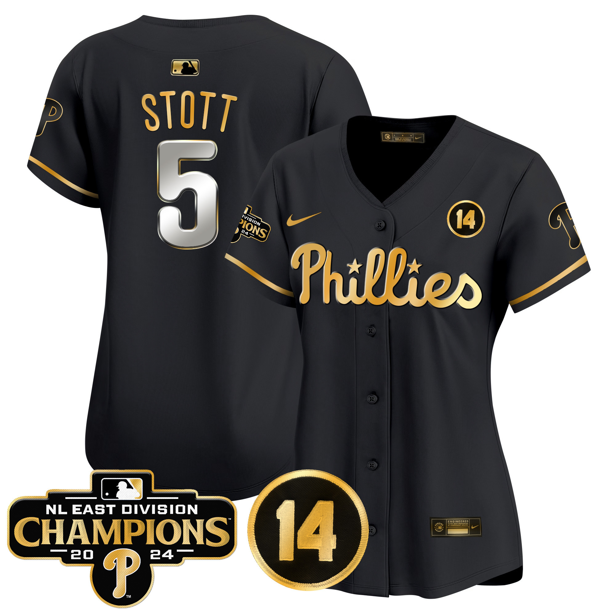 Women's Phillies 2024 NL East Division Champions & Pete Rose Patch Gold Vapor Premier Limited Jersey - All Stitched - Image 7